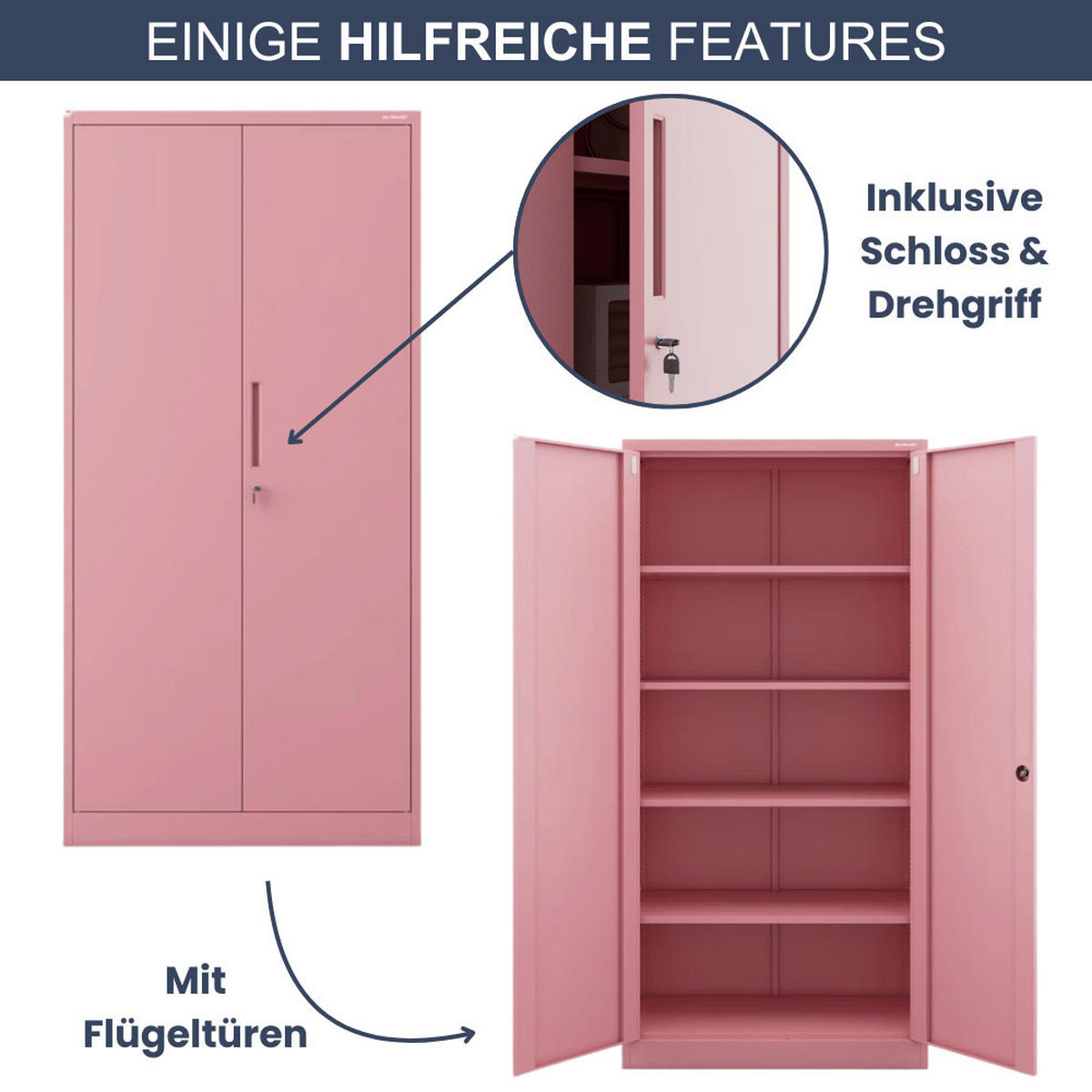 AKTENSCHRANK abschließbar KADO mit Flügeltüren 195x90x40cm Rosa - Rosa, Metall (90/195/40cm) - DELUKE