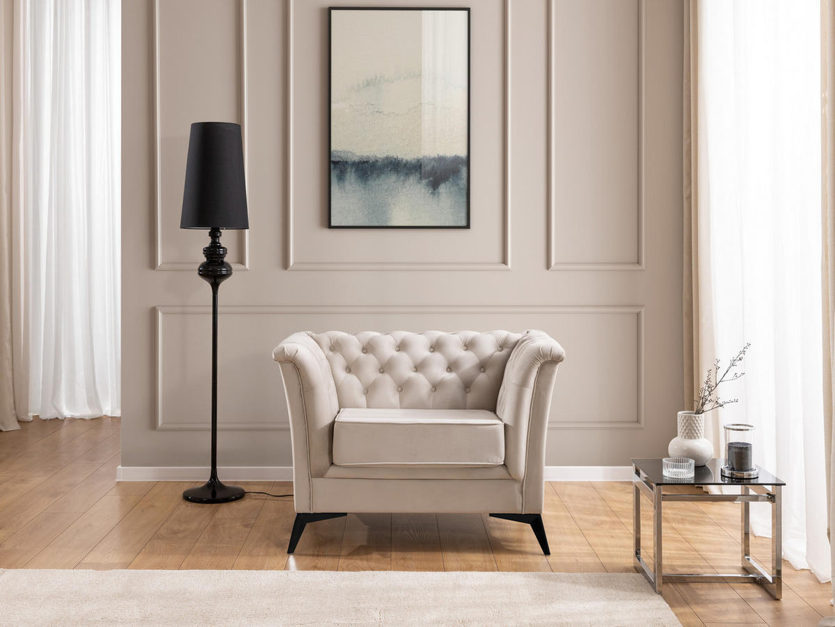 CHESTERFIELD-SESSEL Whitby Beige Samt mit schwarzen Füßen - Beige/Schwarz, Holz/Textil (116/78/82cm) - S-Style Möbel