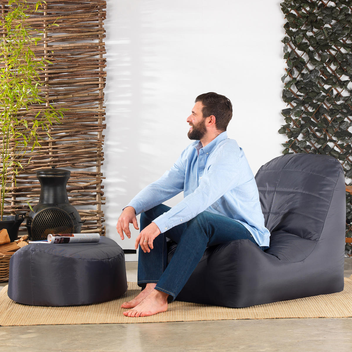 SITZSACK mit Rückenlehne + Hocker - Grau, Kunststoff (68/31/54cm) - Veeva
