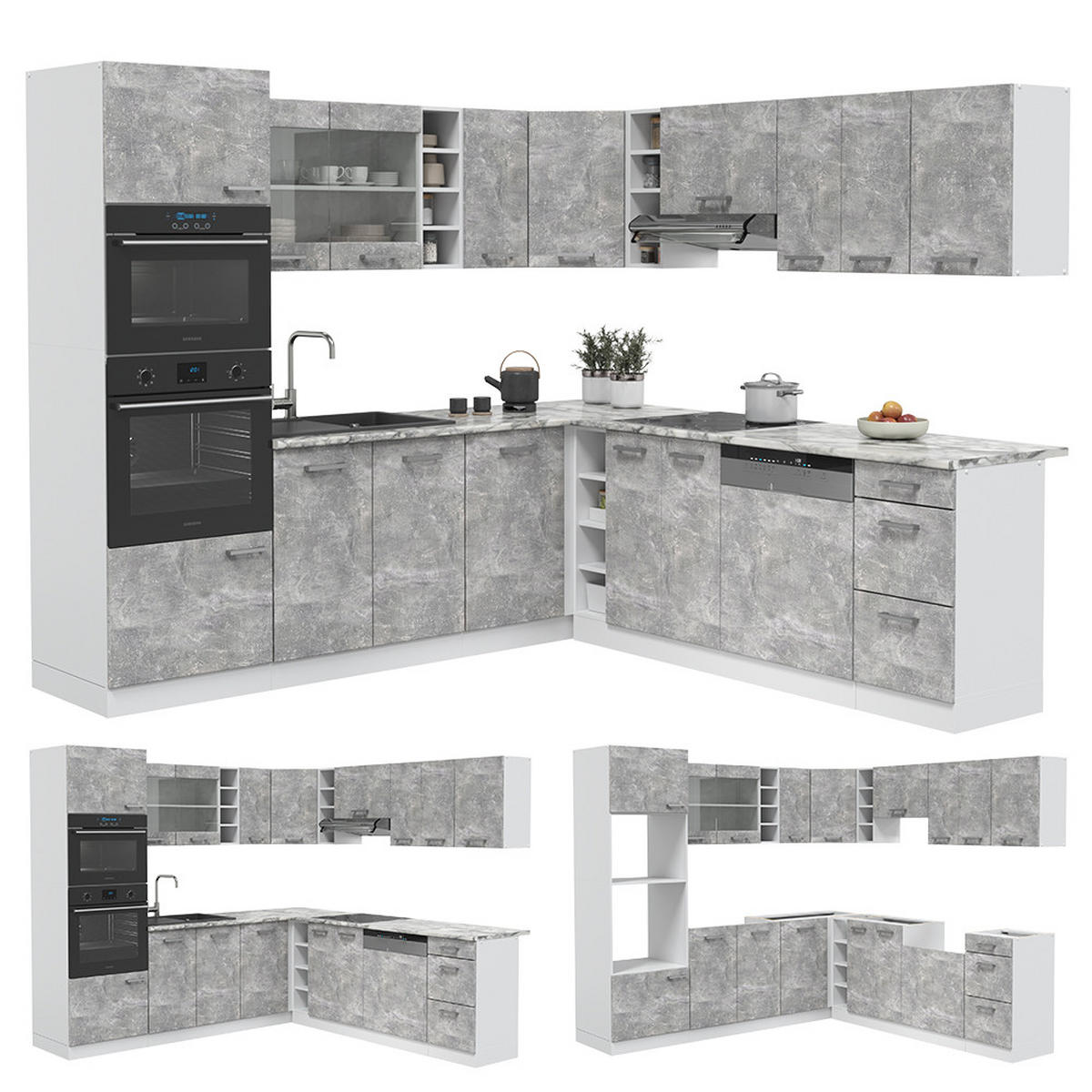 ECKKÜCHE R-Line Beton/Weiß 237 x 247 cm, AP Anthrazit - Schieferfarben/Weiß, Holzwerkstoff (247/81.6/60cm) - Vicco