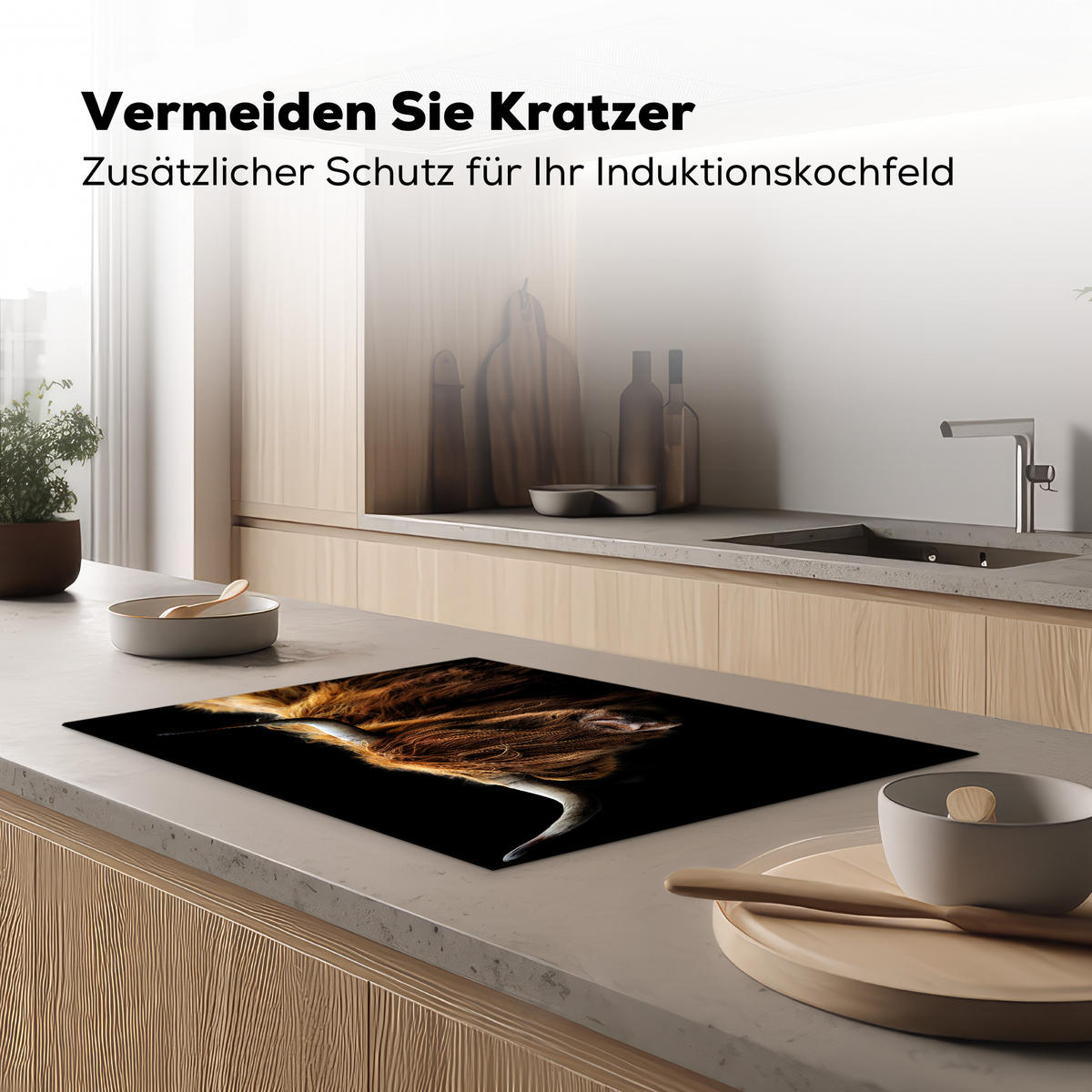 HERDABDECKPLATTE Schottischer Highlander - Hörner - Schwarz - Tiere - Natur - Wild - Kuh Herdabdeckung Induktionsfeld 75x52 cm - Cognac, Kunststoff (75/52/0.2cm) - MuchoWow
