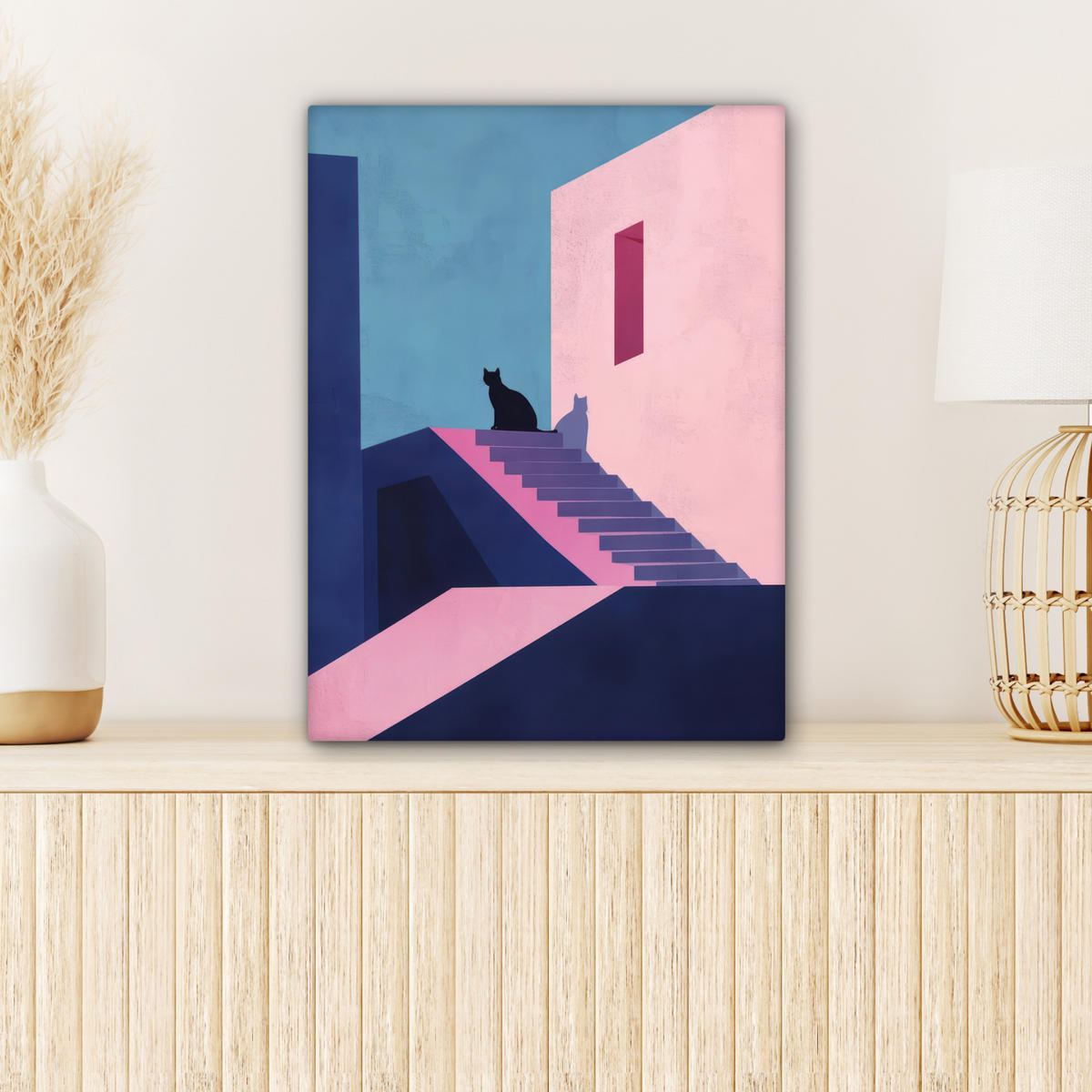 LEINWANDBILD Katze - Treppe - Gebäude - Schattenkontraste Room Decor 30x40 cm - Dunkelblau, Textil (30/40cm) - MuchoWow