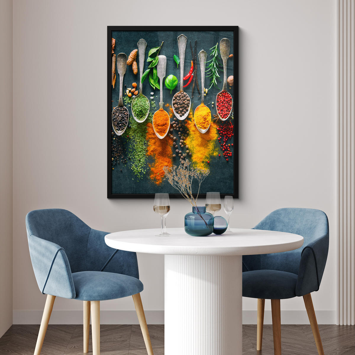 GERAHMTES BILD Kräuter - Gewürze - Löffel 60x80 cm - Currygelb, Papier (60/80cm) - MuchoWow