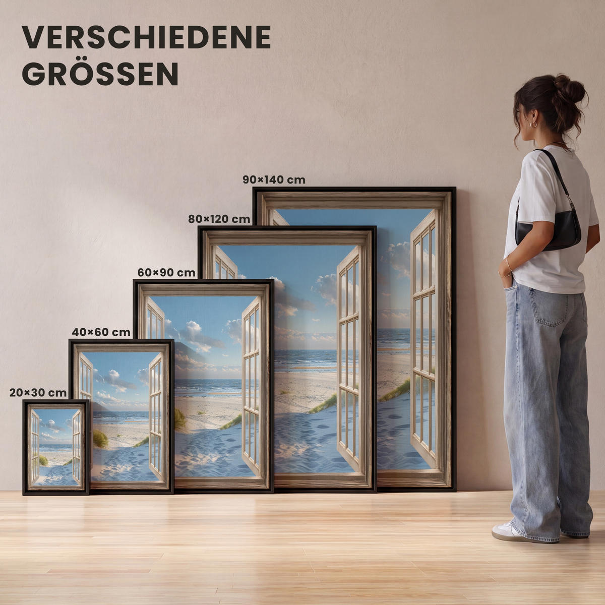 LEINWAND Bilder mit Rahmen - Aussicht - Strand - Fenster - Dünen - Meer - 60x90 - Hellblau, Textil (60/90cm) - MuchoWow