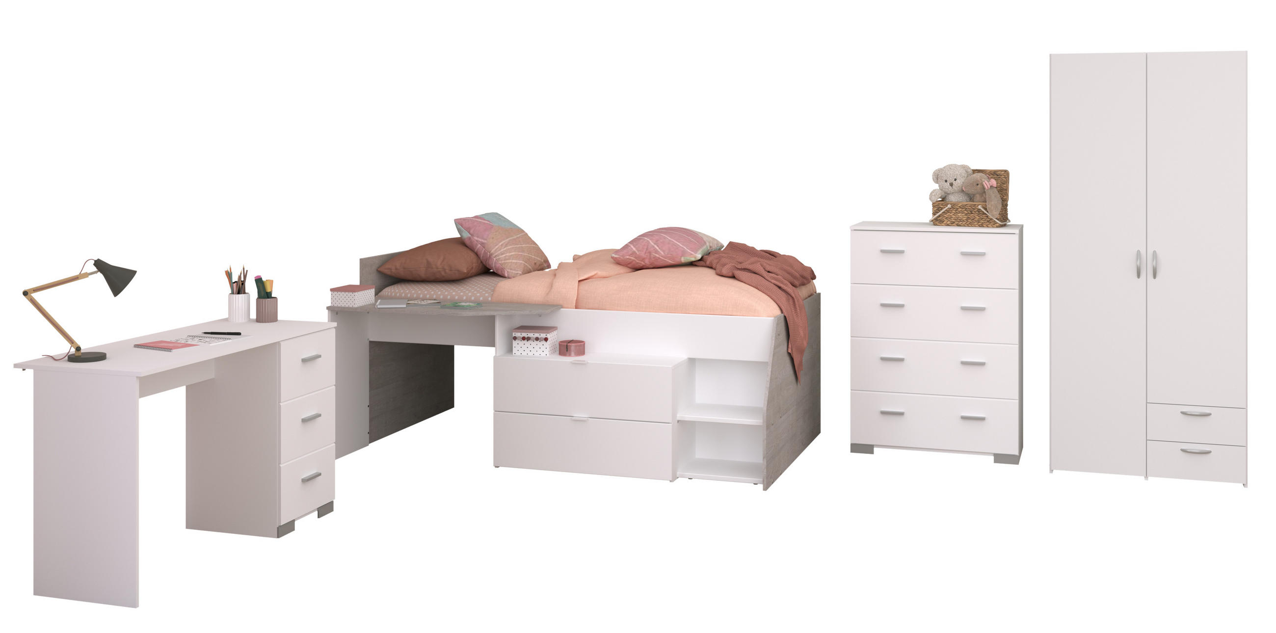 JUGENDZIMMER Milky 11 in Weiß und Grey Loft 4 teilig - Weiß, Holzwerkstoff (120/200/80cm)