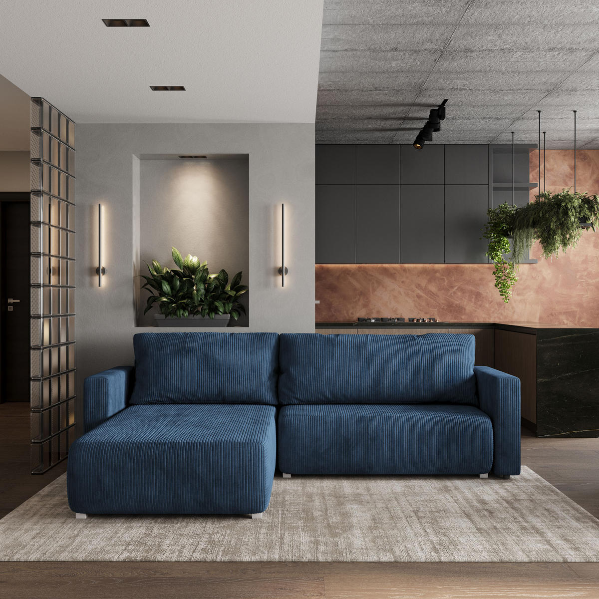 ECKSOFA TURIN P Blau Kordstoff mit Schlaffunktion - Blau, Holz (265/183cm) - MASSENO