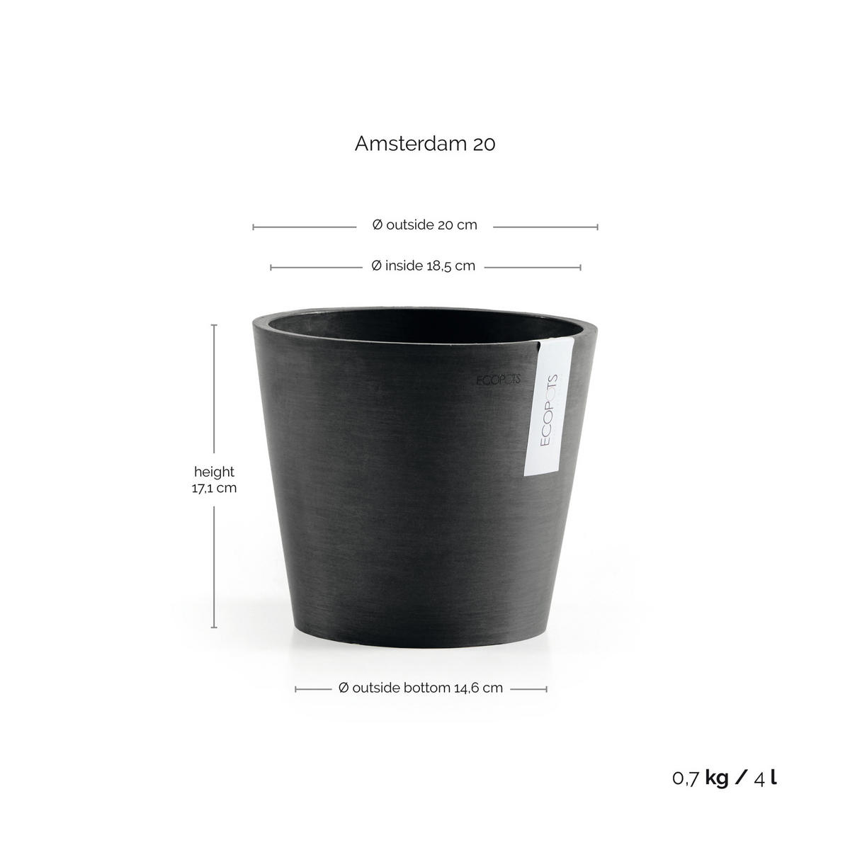 BLUMENTOPF Amsterdam 20/17,1 cm Dunkelgrau - Dunkelgrau, Kunststoff (20/17.1cm) - Ecopots