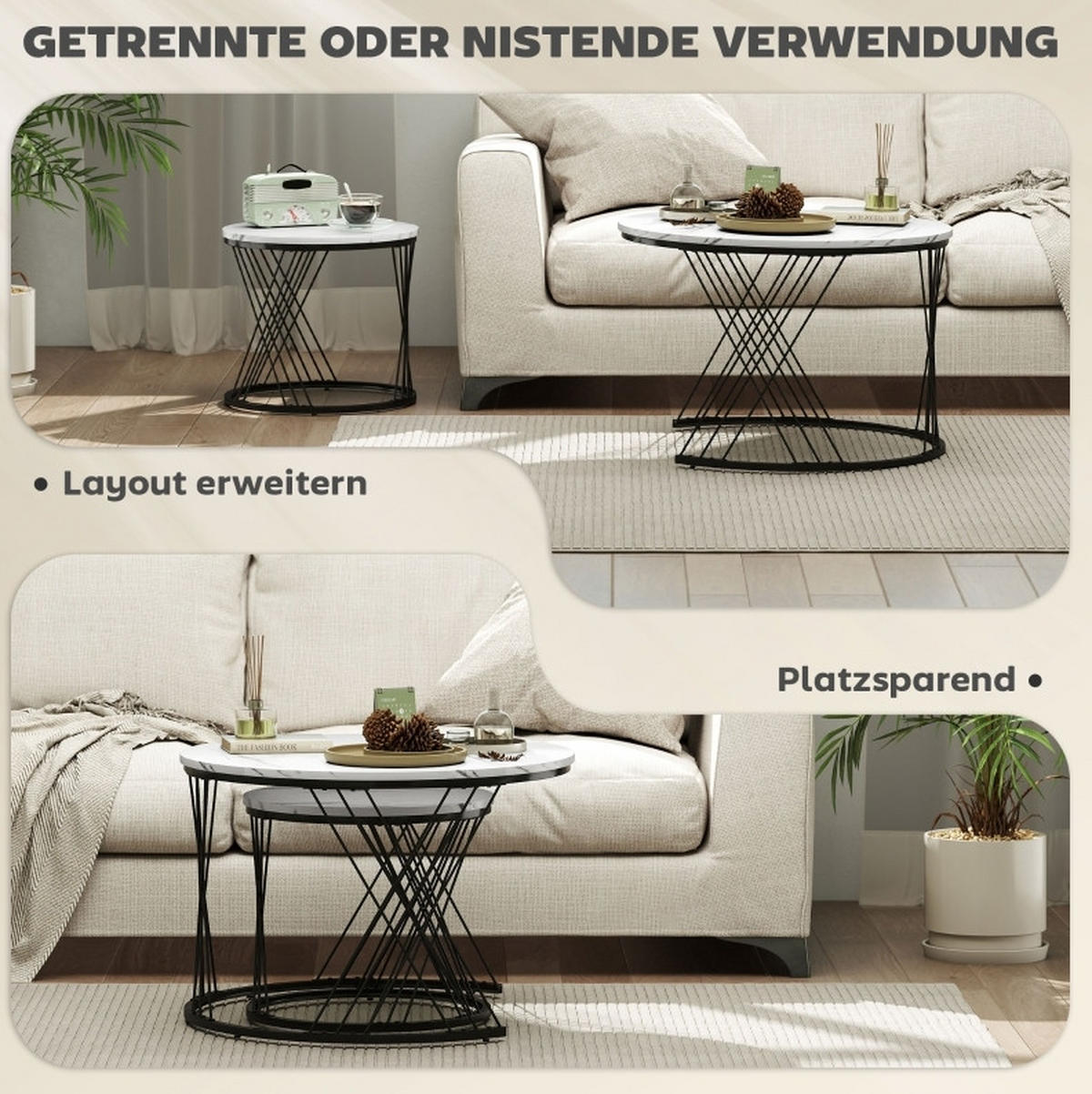 COUCHTISCH-SET 70/70/46,5 cm & 44,5/44,5/39 cm nestbar mit Marmoroptik und Metallgestell, Weiß - Weiß, Holz (70/70/46.5cm) - Modfu