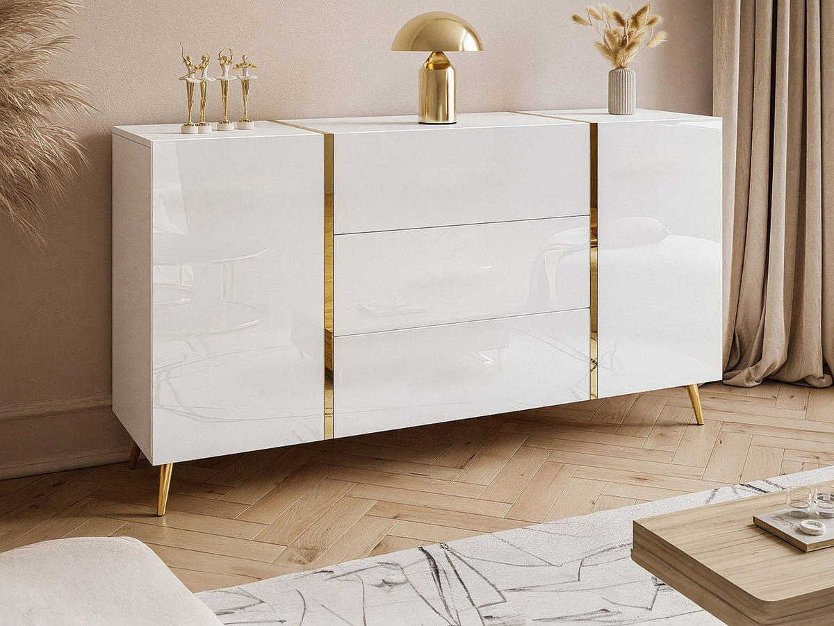SIDEBOARD mit 2 Türen & 3 Schubladen - Weiß glänzend & Goldfarben - MARZIALO - Weiß, Holz (158/87.2/41cm) - Vente-Unique