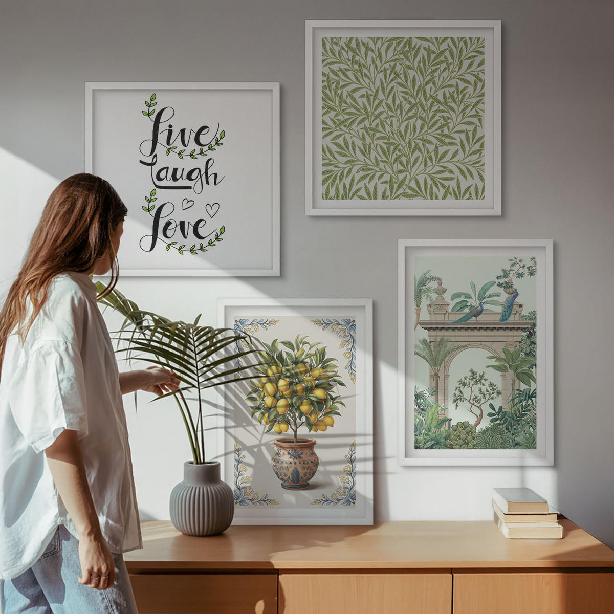 WANDBILDER 4er-Set - 50x50 cm & 40x60 cm Weißer Rahmen - Grüne Blätter exotischer Pflanzen - Weiß, Kunststoff (50/50cm) - ArtPrintCave