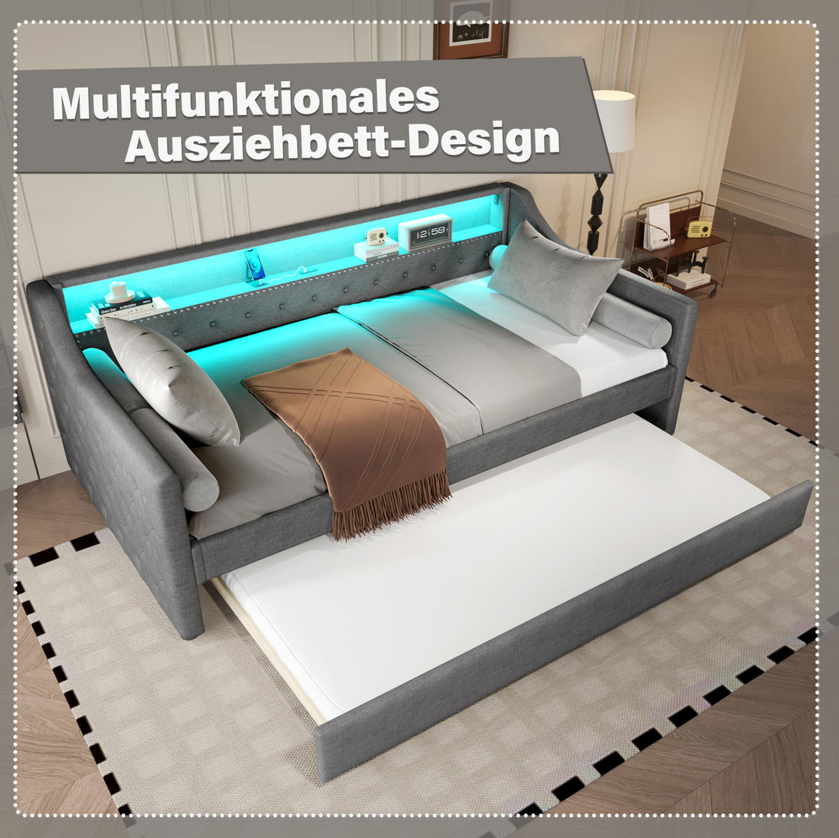 TAGESBETT 90/200 cm mit Ausziehbett, LED-Beleuchtung, USB-Anschluss und Lattenrost, Leinenbezug, Grau - Grau, Textil (90/200cm) - Redom