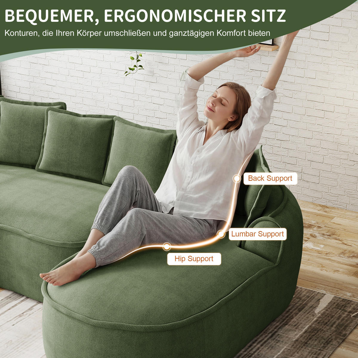 3-SITZER Sofa 252x164x67 cm aus Chenille-Stoff rahmenlos modular, grün - Grün, Textil (164/67/252cm)