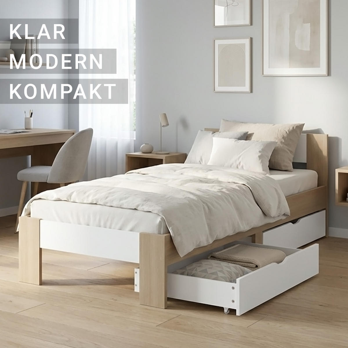 HOLZBETT Braun Weiß 90/200 cm mit Federkernmatratze und 2 Bettkästen - Braun, Holz (90/200cm) - Homestyle4u