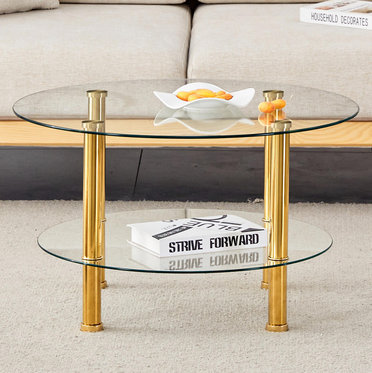 COUCHTISCH 70/60/42 cm aus Glas und Metall in Gold mit 2 Ablagen - Goldfarben, Glas (70/70/42cm) - Flora Grace