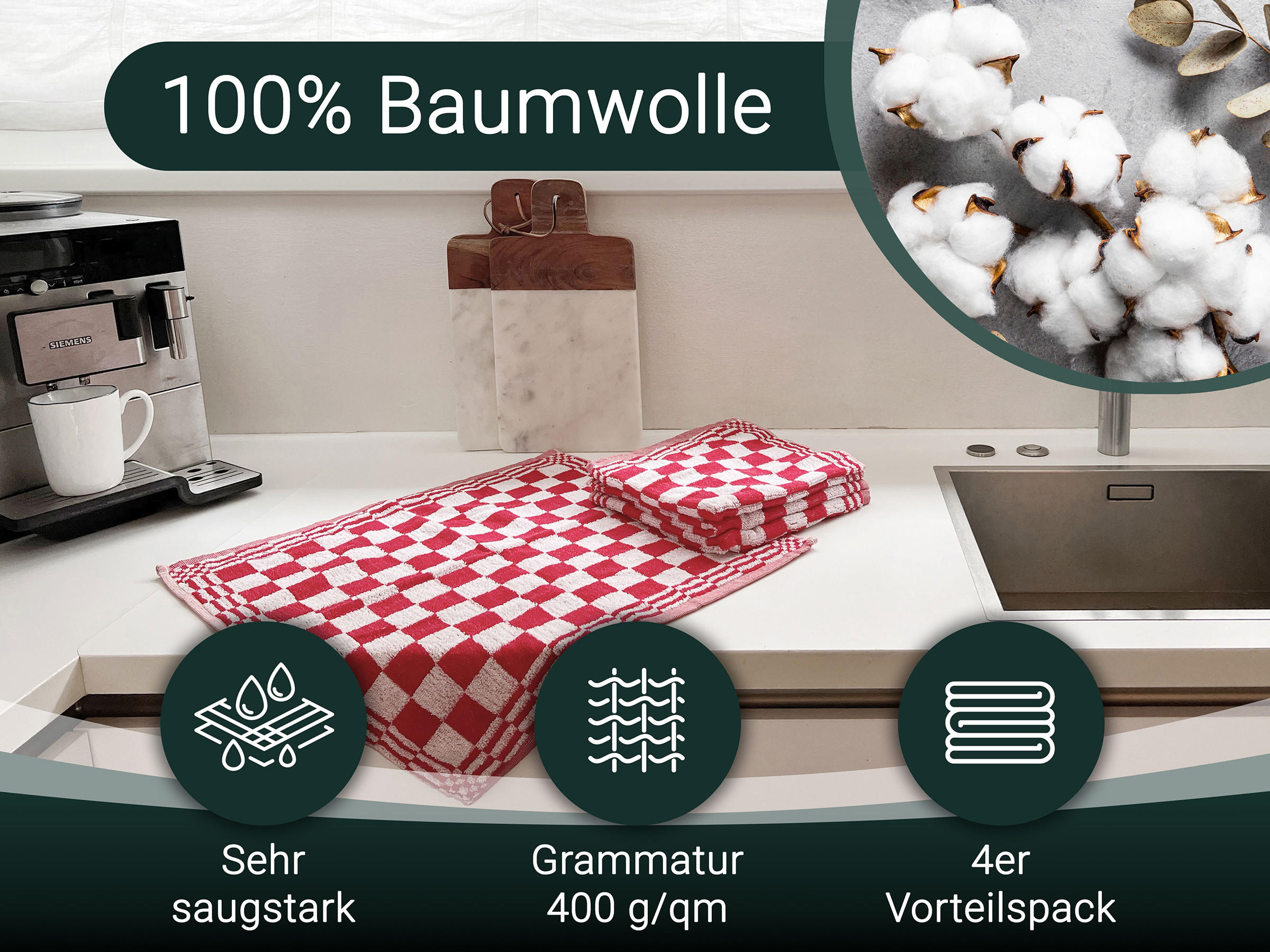 GESCHIRRTÜCHER, 4er-Set, 50x50 cm, 100% Baumwolle, Rot - Rot, Textil (50/50cm) - Zollner