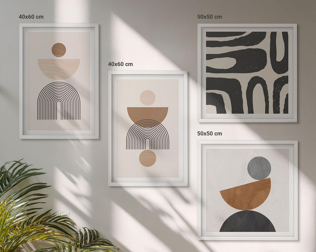 WANDBILDER 4er-Set - 50x50 cm & 40x60 cm Weißer Rahmen - Abstraktes Boho-Design - Weiß, Kunststoff (50/50cm) - ArtPrintCave