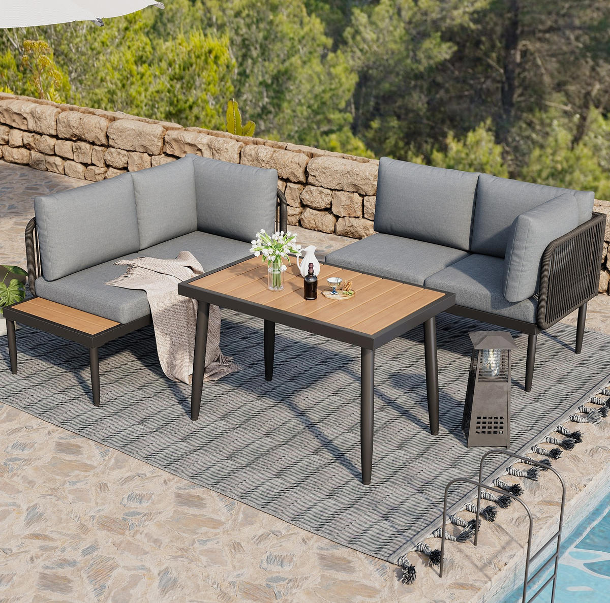 GARTENSET 178x139x68cm grau aus Stahl und Olefin, handgewebt - Grau, Metall - Modfu