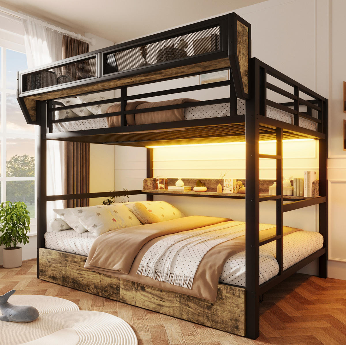 ETAGENBETT 140/200 cm aus Metall und MDF mit LED-Licht und Stauraum Schwarz - Schwarz, Holzwerkstoff (140/200cm) - Modenvie