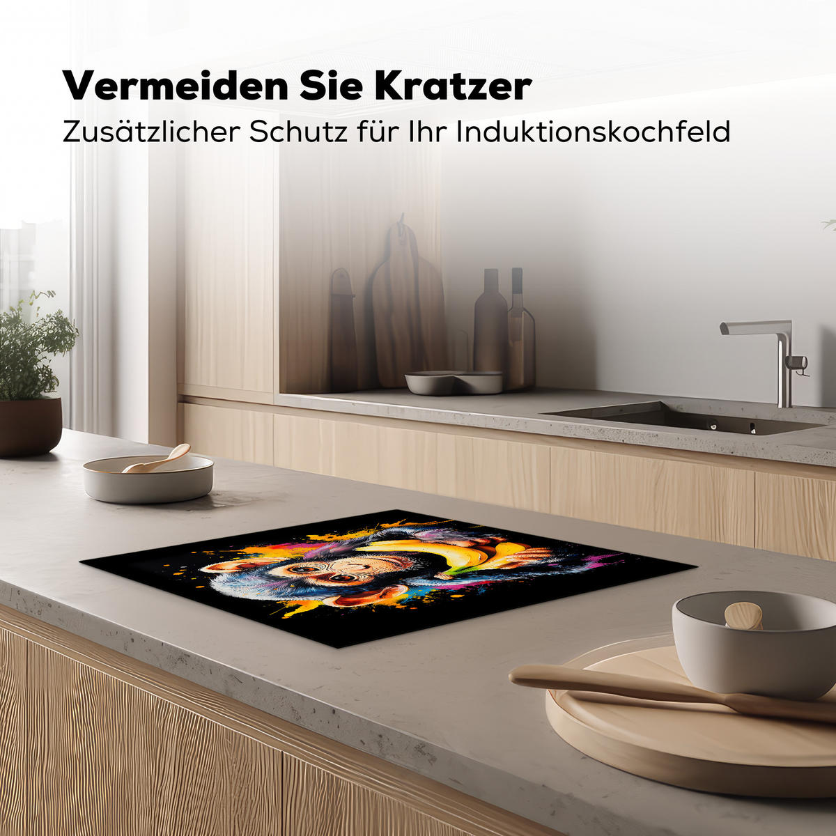 HERDABDECKPLATTE Affe - Graffiti - Farbenfroh - Bananen - Modern 59x52 cm - Gelb, Kunststoff (59/52/0.2cm) - MuchoWow