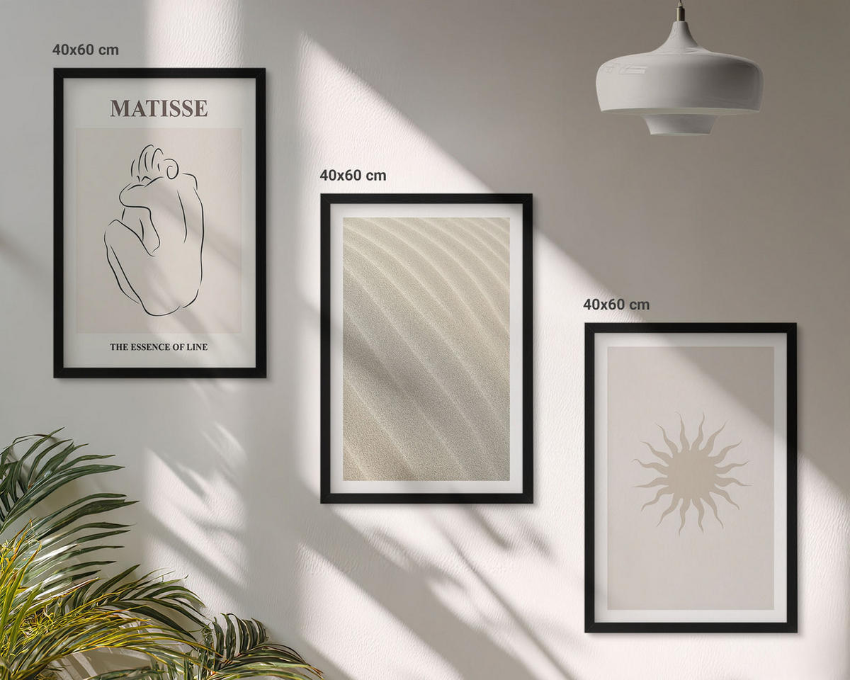 BILDER SET 3er Set - 40x60 cm Schwarzer Rahmen - Minimalistische Sandlinien Sonne - Schwarz, Kunststoff (40/60cm) - TULUP