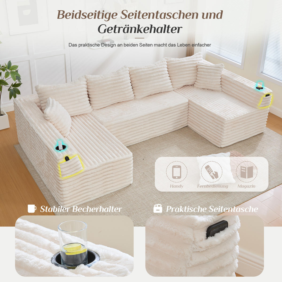 WOHNLANDSCHAFT 320/155/88 cm Beige mit Getränkehalter und Seitentasche - Beige, Textil (320/88/155cm) - Oxeza