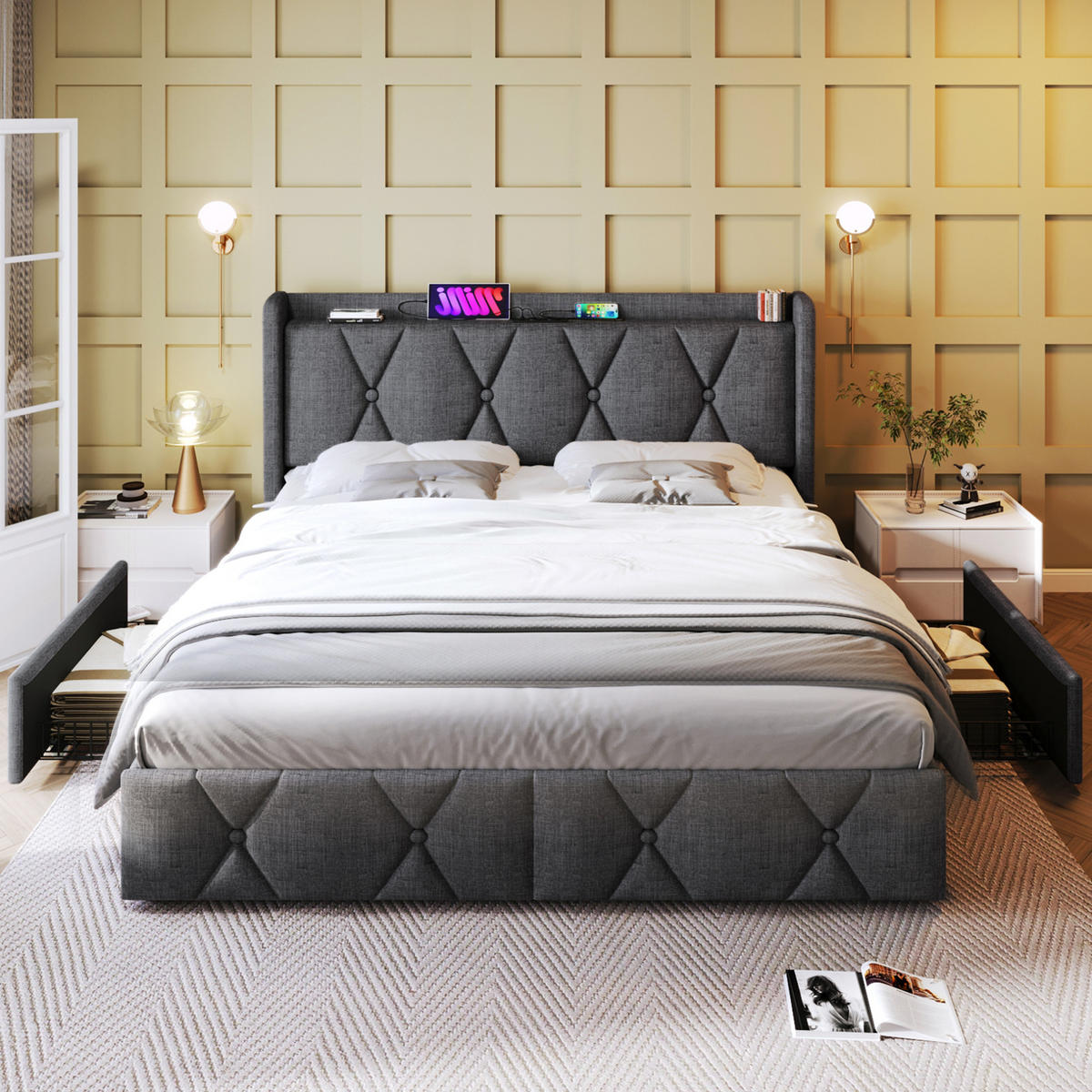 POLSTERBETT 140/200 cm mit USB, Steckdosen und 4 Schubladen inkl. Matratze und Lattenrost, Grau - Grau, Textil (140/200cm) - Redom