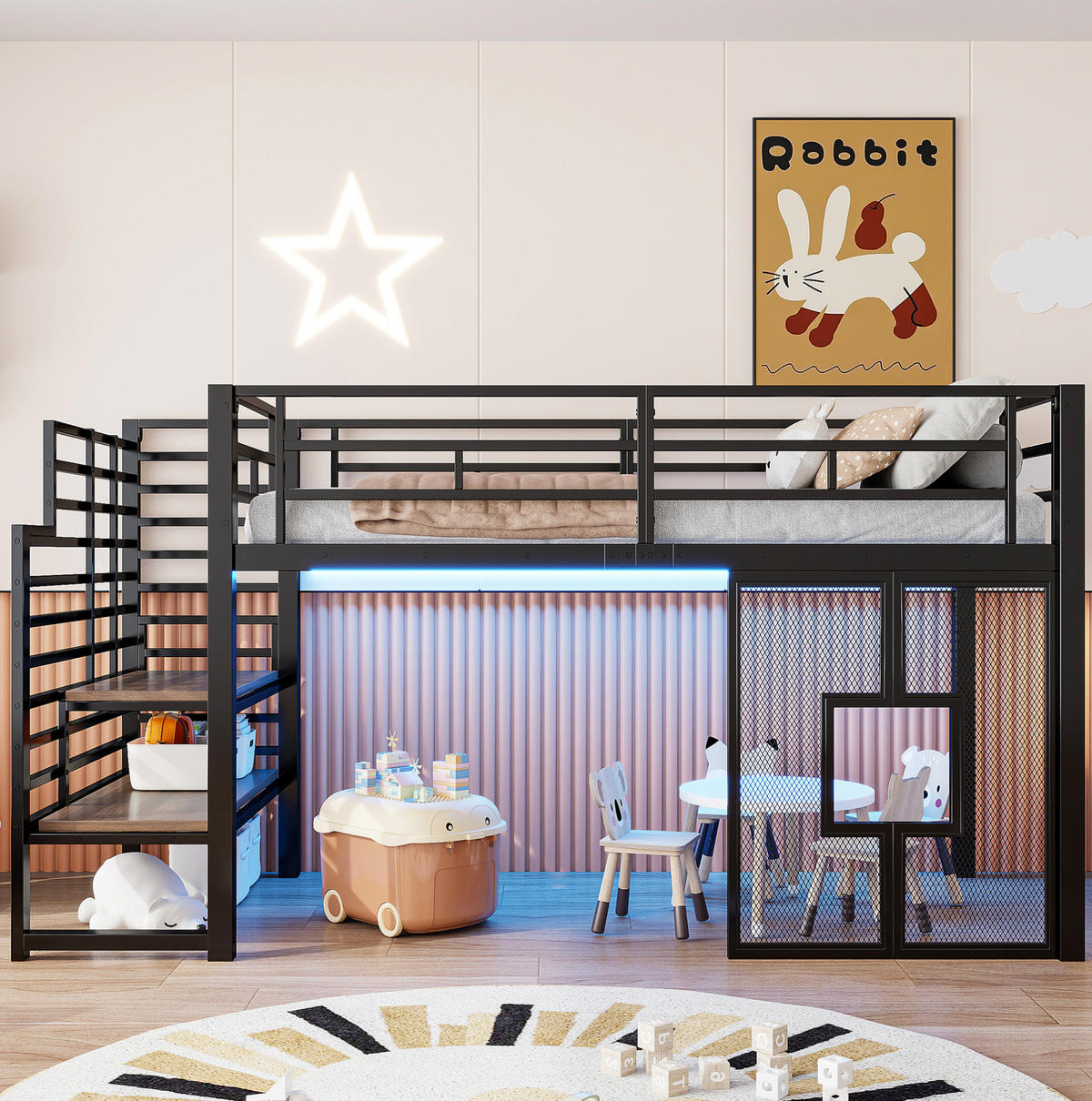 HOCHBETT 90x200 cm in Schwarz mit Stauraumtreppe, LED-Beleuchtung und Fenstern - Schwarz, Metall (90/200cm) - IVMEU