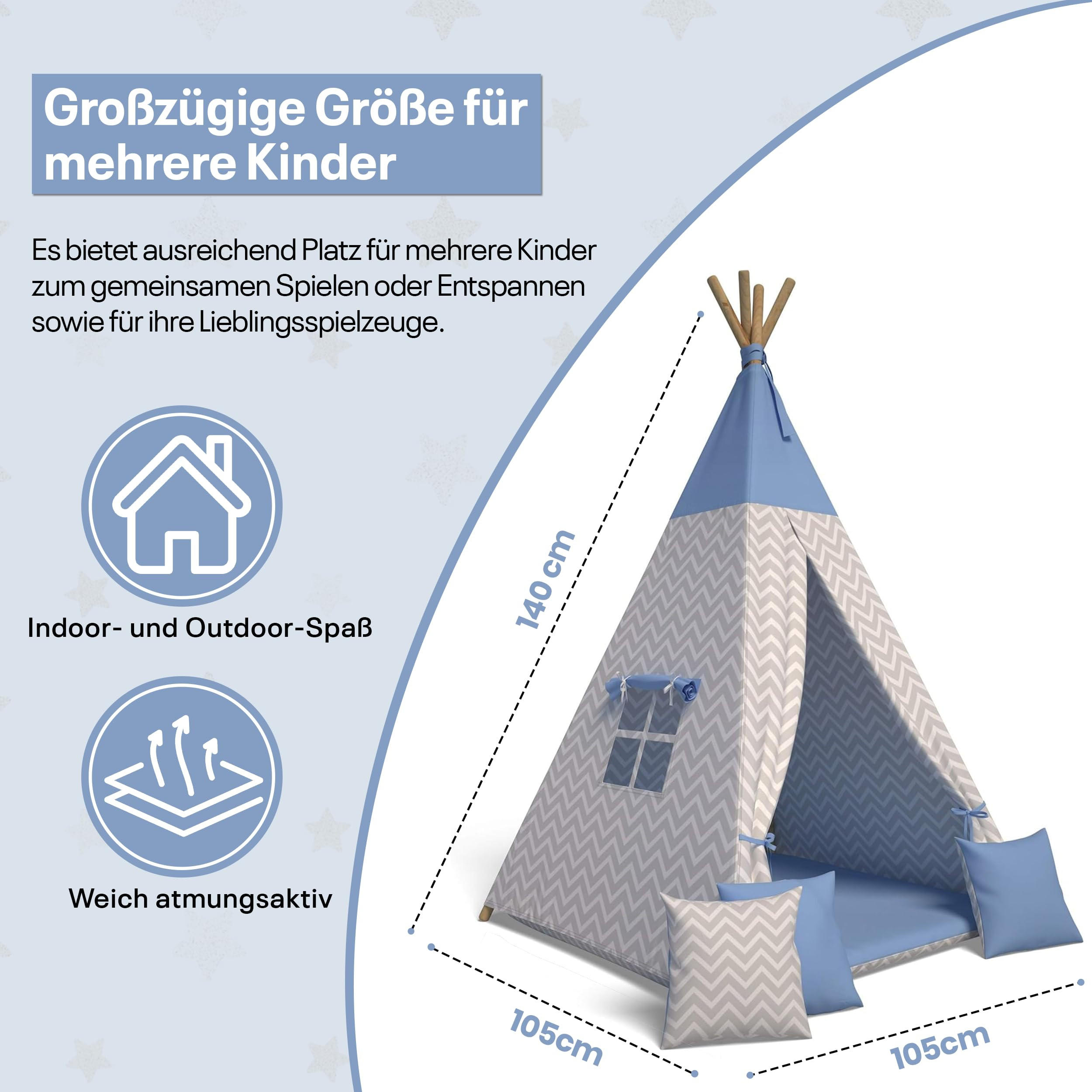 TIPI-ZELT 105 x 105 x 140 cm Zickzack blau mit weichen Kissen | Spielzelt für Kinderzimmer Indoor - Blau, Textil (105/105cm) - Best for Kids