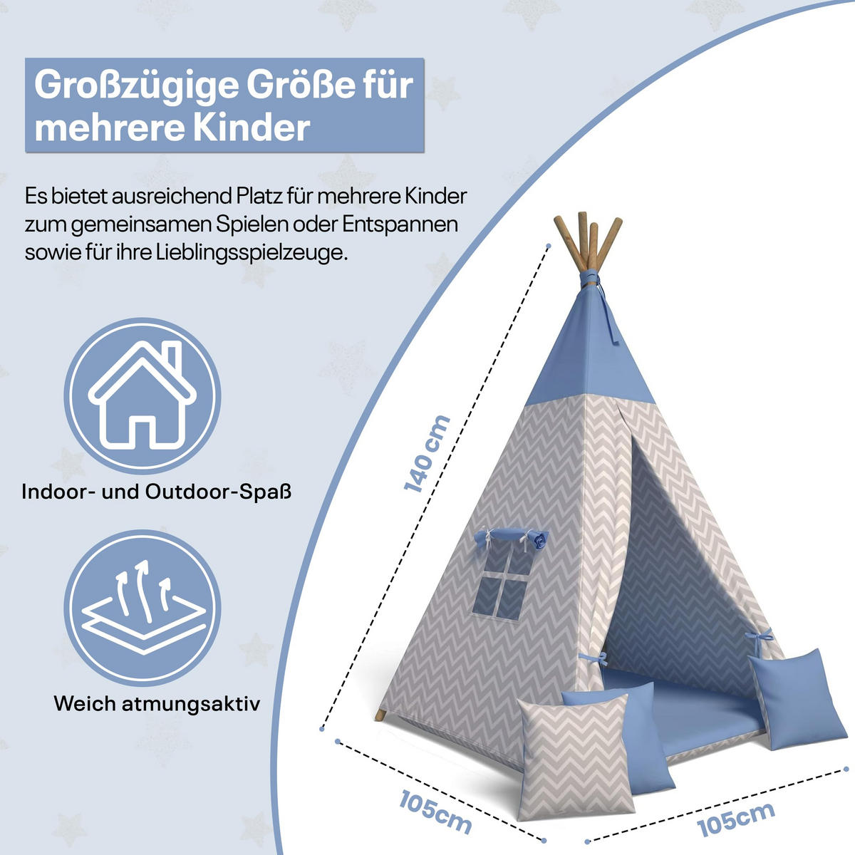 TIPI-ZELT 105 x 105 x 140 cm Zickzack blau mit weichen Kissen | Spielzelt für Kinderzimmer Indoor - Blau, Textil (105/105cm) - Best for Kids
