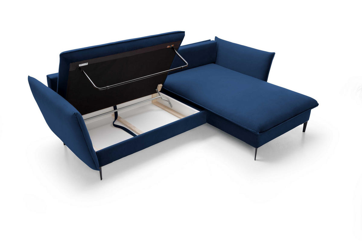 ECKSOFA SOLE Blau Plüsch-Stoff mit Schlaffunktion - Blau, Holz (258/167cm) - MASSENO