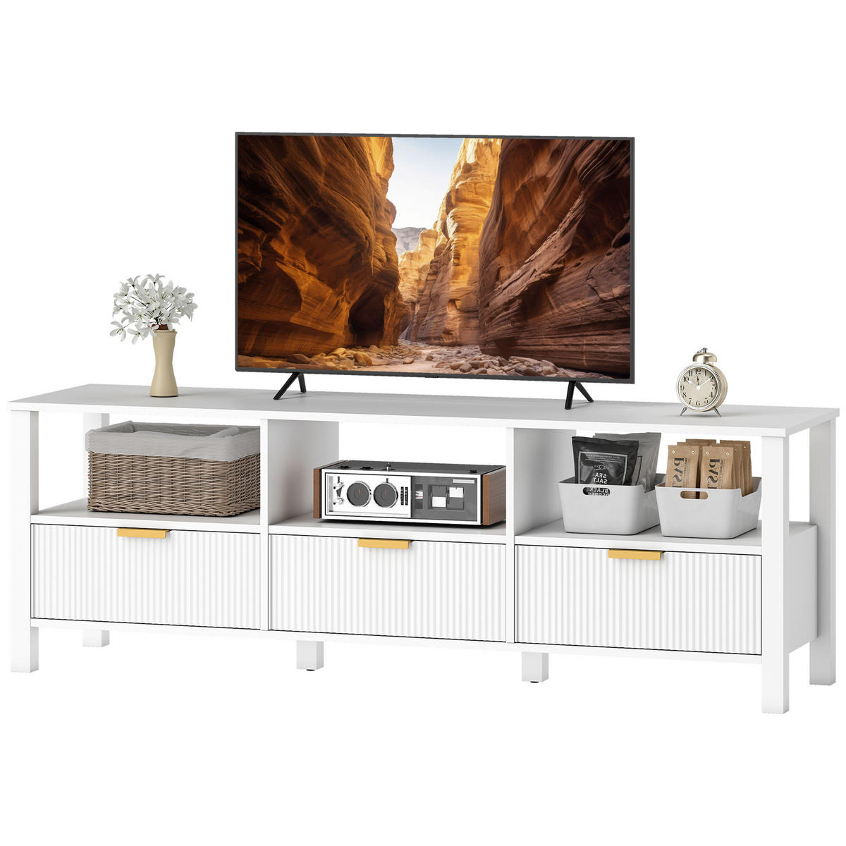 TV-LOWBOARD Weiß 152/39,5/50 cm, 3 Schubladen, 3 offene Fächer - Weiß, Holzwerkstoff (152/50/39.5cm) - PANGIVO