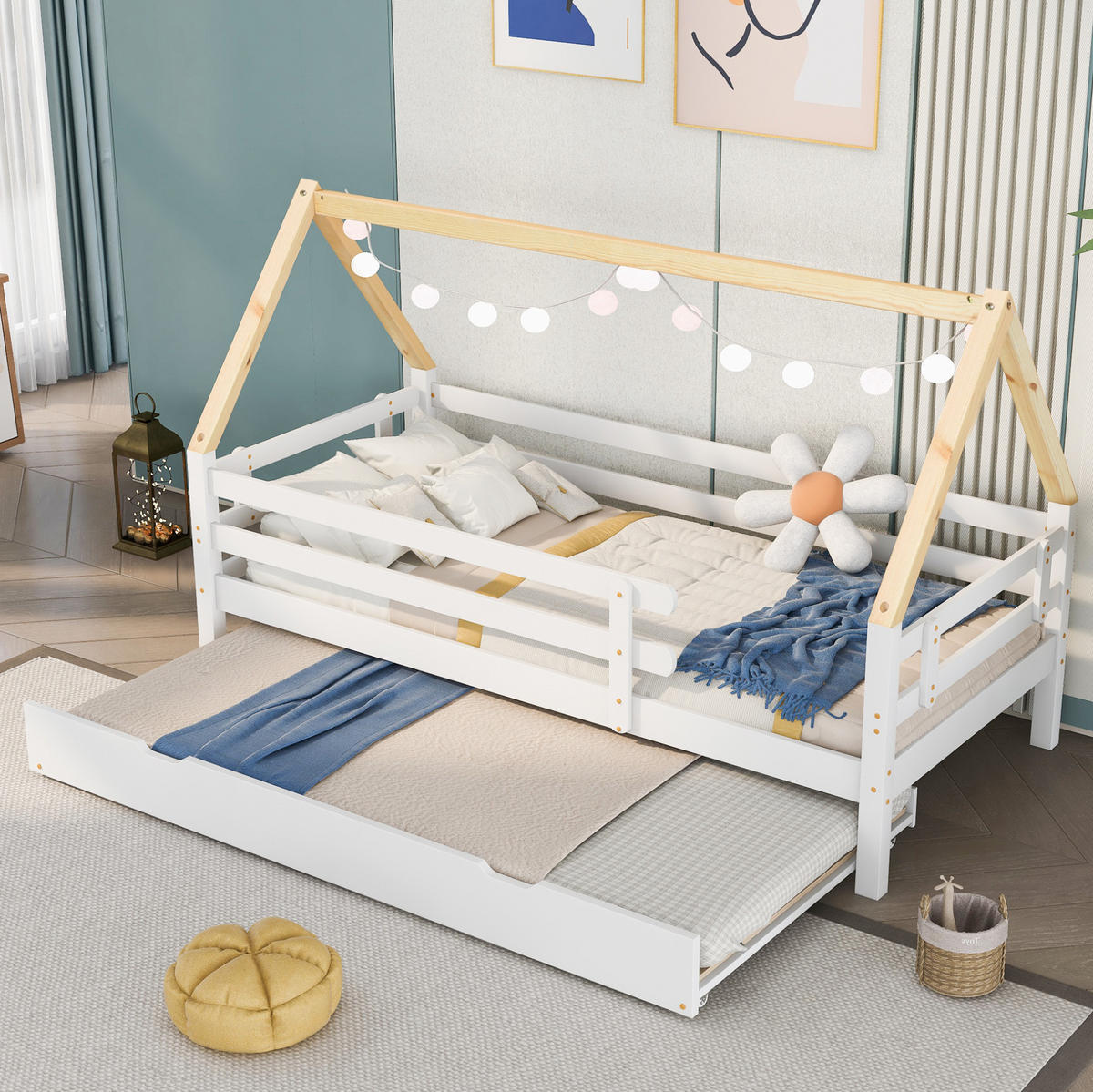 HAUSBETT mit Ausziehbett, Weiß/Natur, 90/200 cm - Weiß, Holz (90/200cm) - MIVRAY