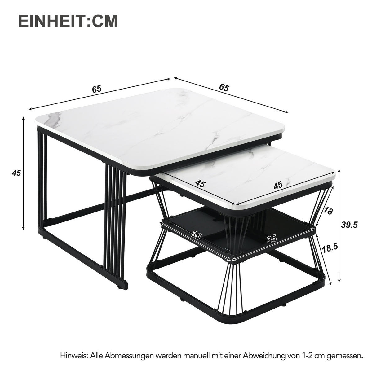 SADA odkládacích stolků 65/65/45 cm bílá z MDF v mramorovém vzhledu - bílá, kompozitní dřevo (65/65/45cm) - OKWISH
