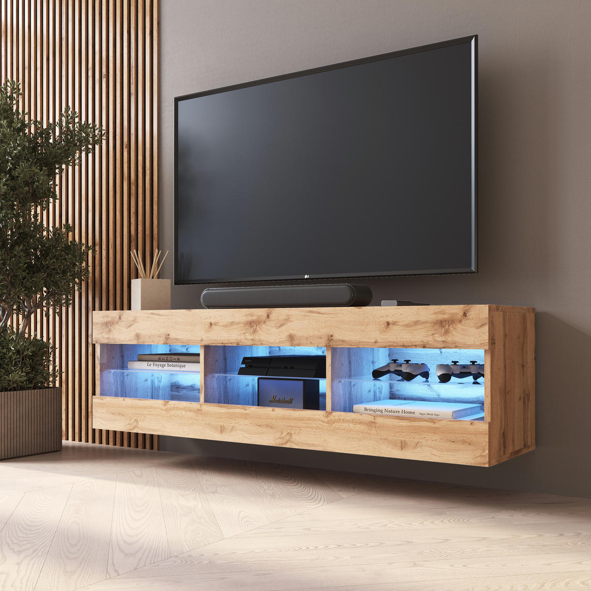 LOWBOARD TIVOLI RTV 140, Wotan, LED Blau - Eiche Wotan, Glas/Holzwerkstoff (140/40.5/35.5cm) - Komodee