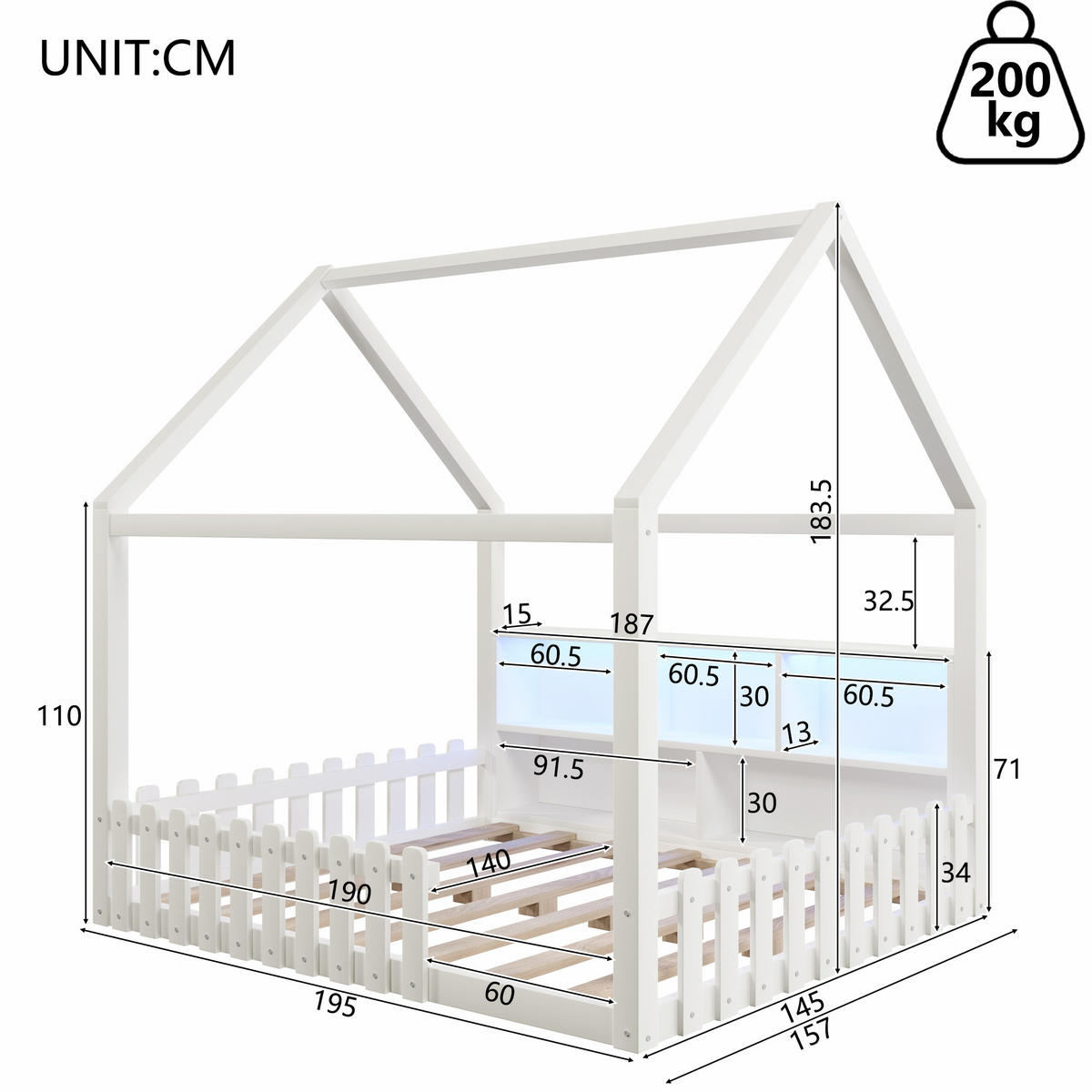 KINDERBETT 140/190 cm Weiß, mit Gitter, LED-Licht, offenen Staufächern und Hausdesign - Weiß, Holz