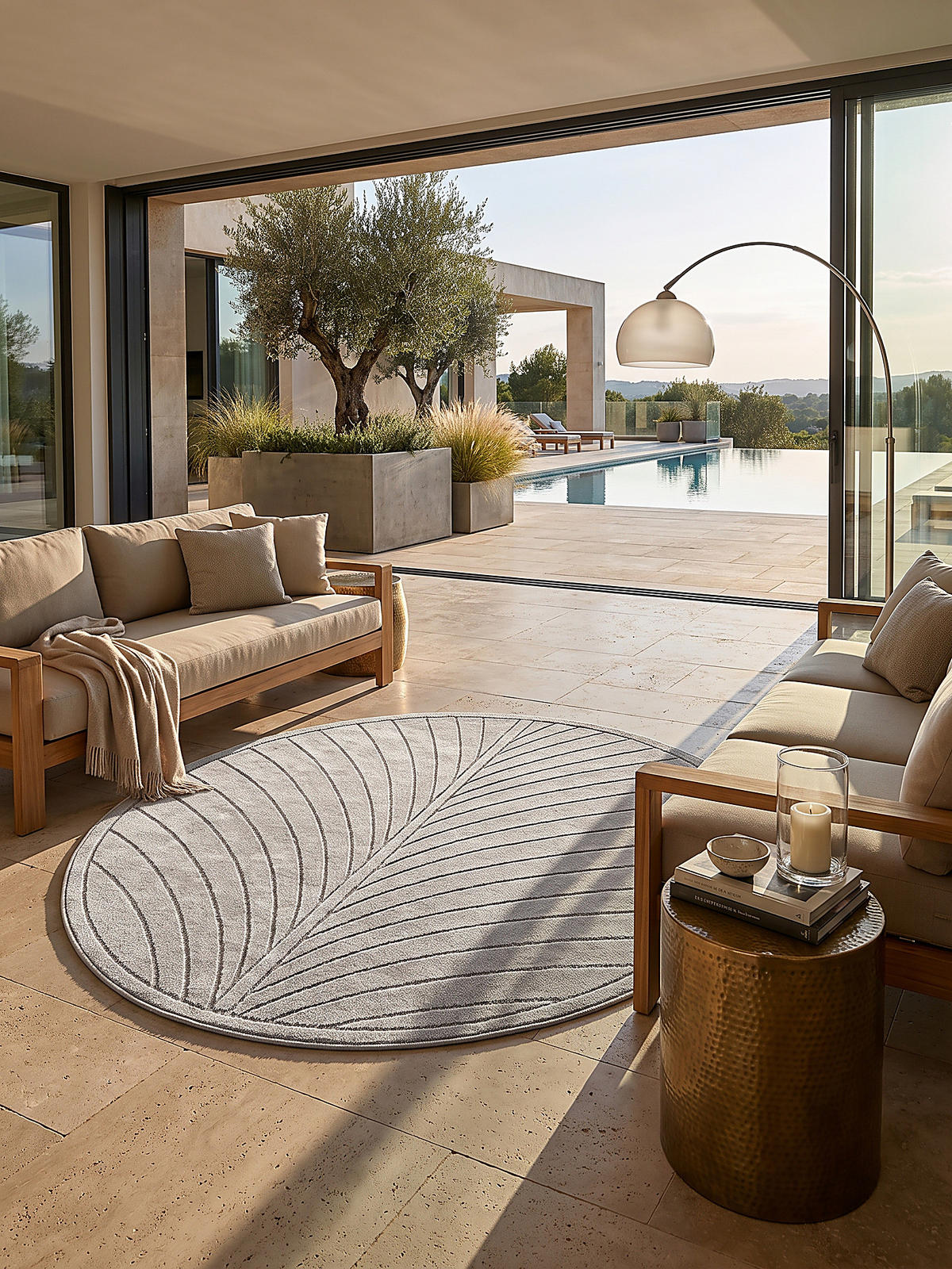 TEPPICH Outdoor, Fußbodenheizung-geeignet, mit Blattmotiv, aus Polypropylen, ENGADIN in Silbergrau, Ø 160 cm - Grau, Textil (160/160cm) - KADIMA DESIGN
