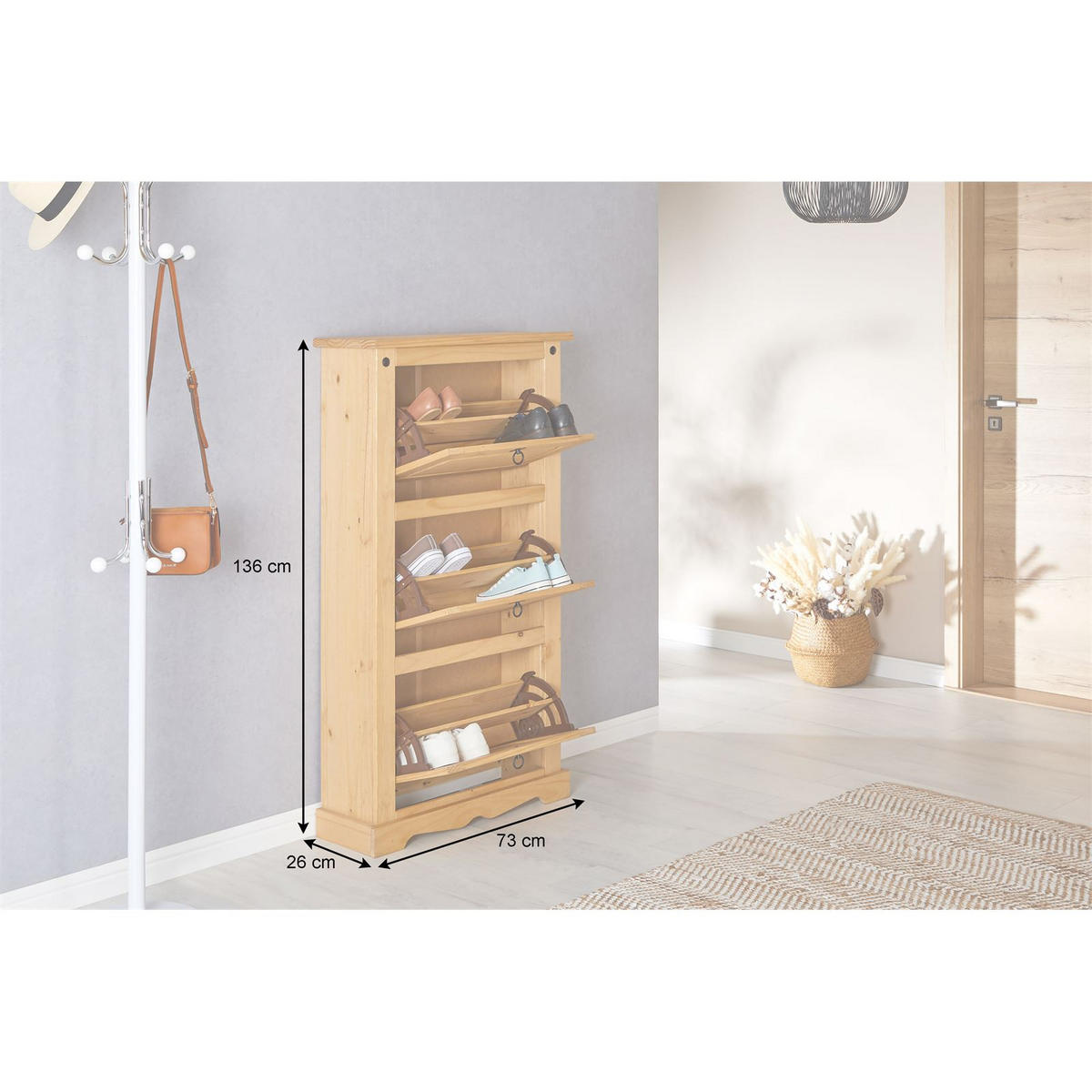 MEXIKO MÖBEL SCHUHSCHRANK TEQUILA - Kieferfarben, Holz (73/136/26cm) - IDIMEX