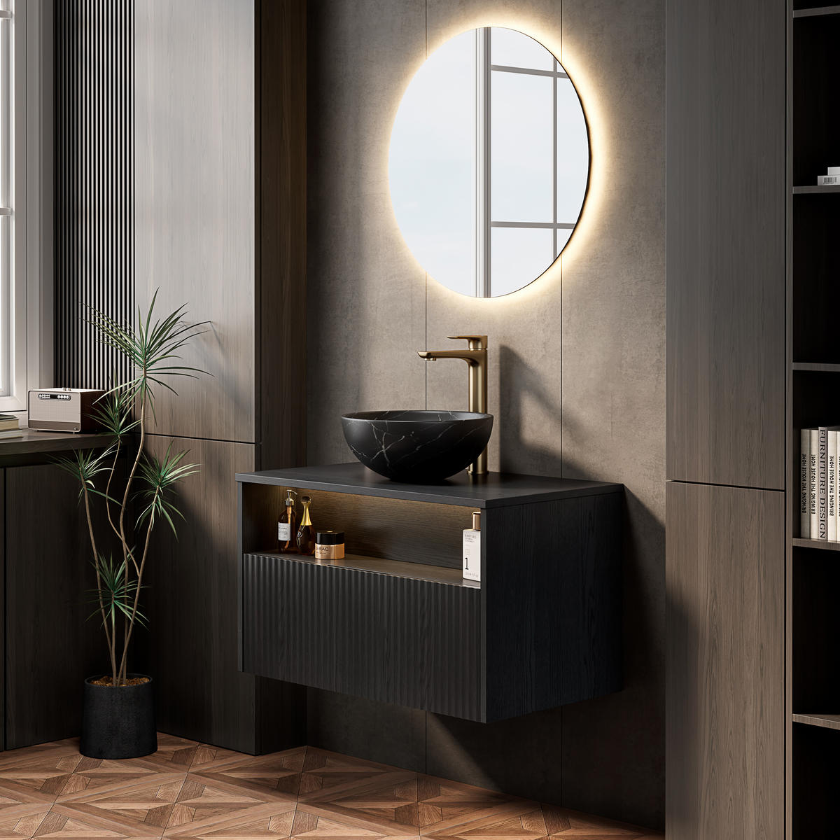 WASCHTISCHKOMBI 80x46x60.8cm in Schwarz mit Sensor-LED, Soft-Close & Massivholzfront - Schwarz, Keramik (80/60.8/46cm) - Modfu