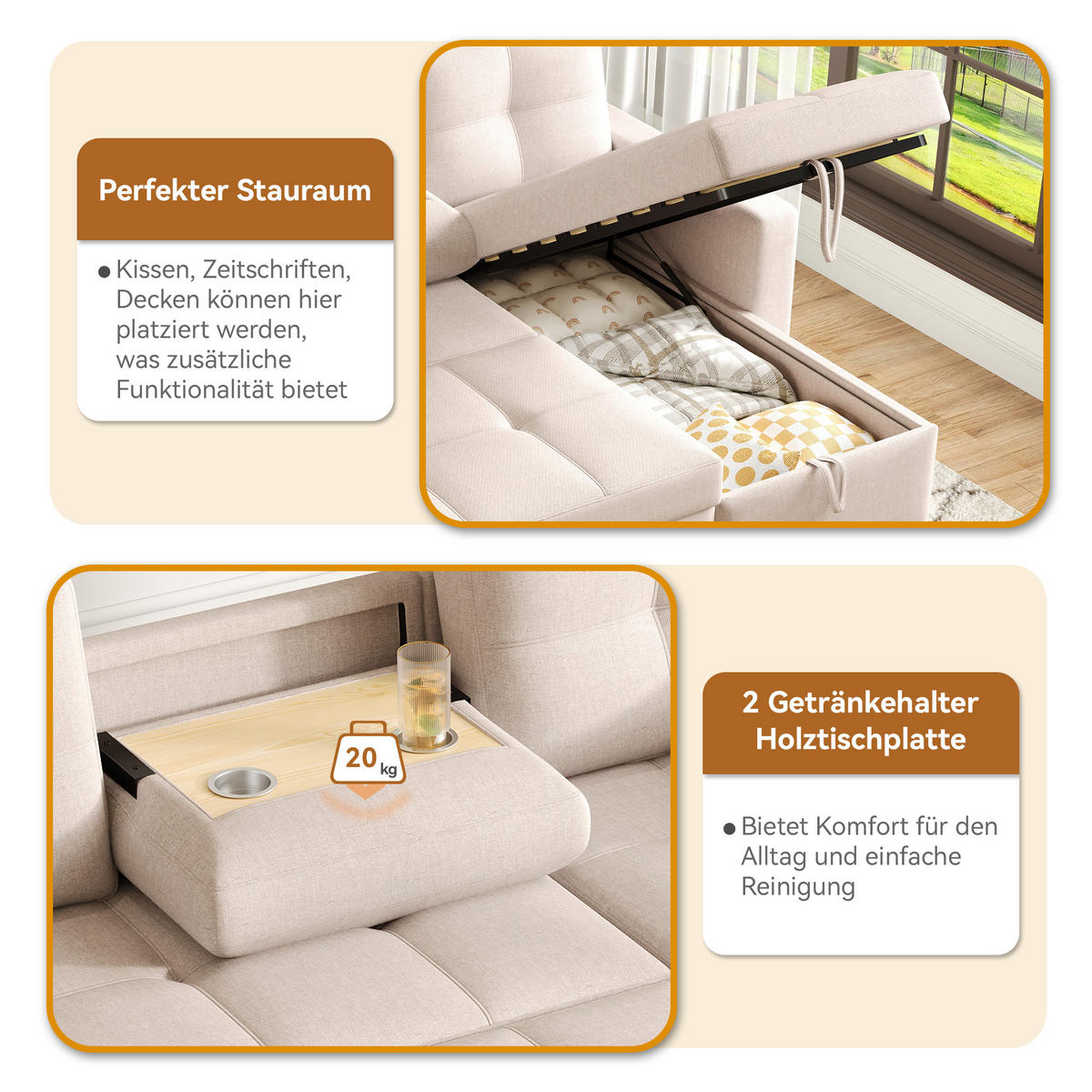 L-FÖRMIGES Schlafsofa aus Leinen mit Stauraum & Getränkehalter, 211/136/87 cm, Beige - Beige, Textil (136/87/211cm) - Redom