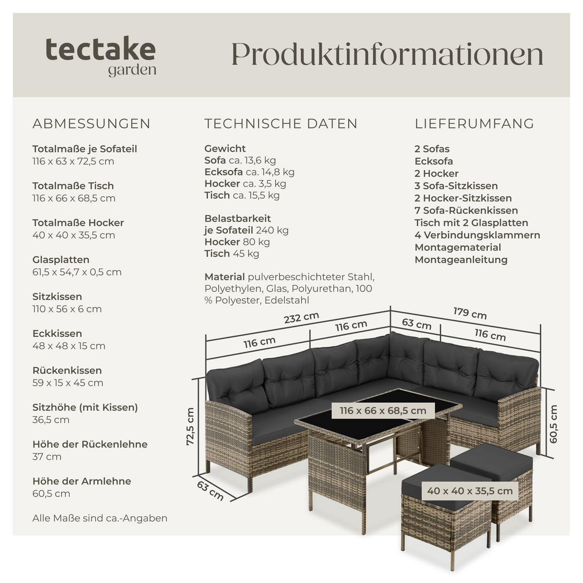 RATTANLOUNGE Barletta, mit Sicherheitsglasplatten, natur - Naturfarben, Kunststoff - tectake