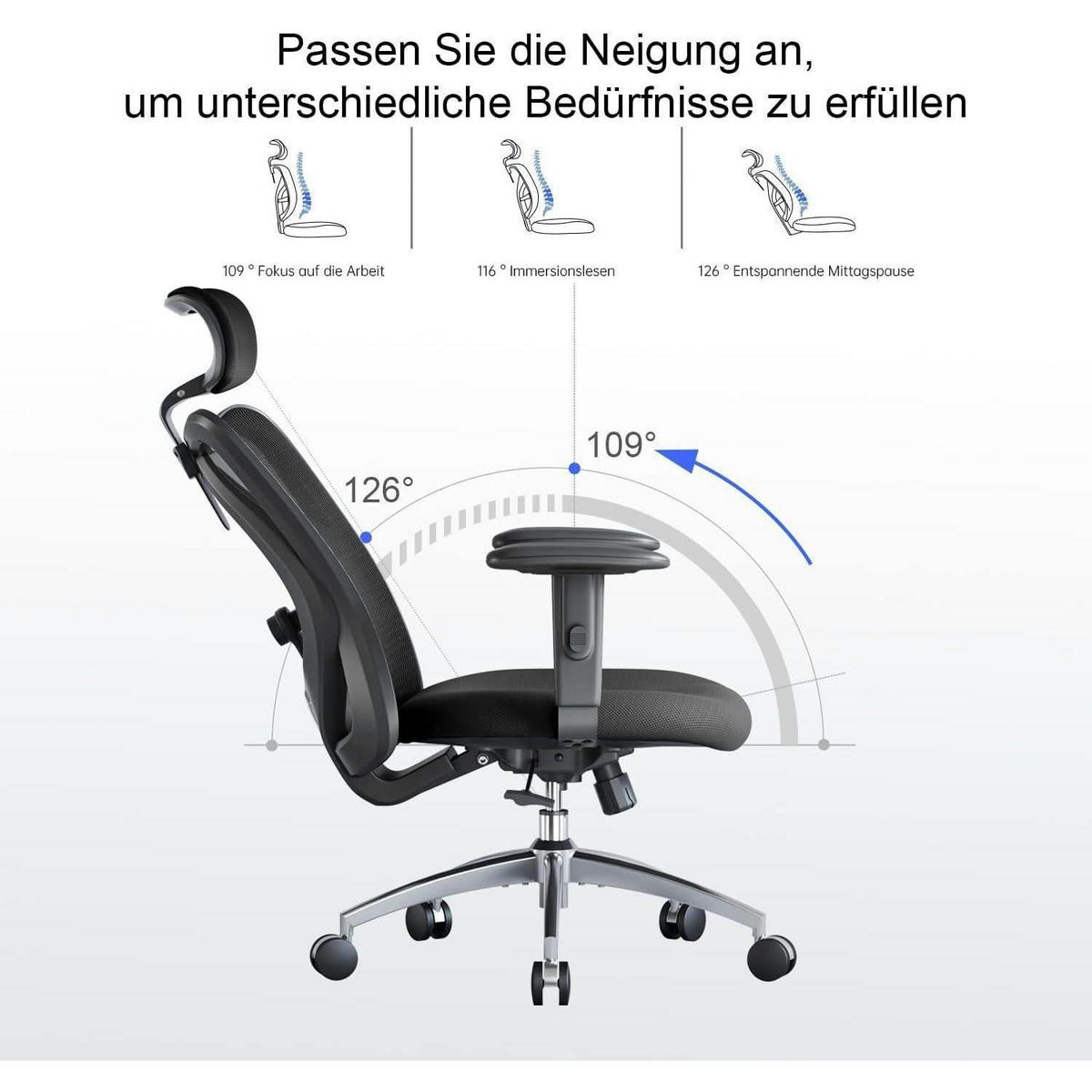 ERGONOMISCHER Bürostuhl mit verstellbarer Lordosenstütze und Kopfstütze - Schwarz, Textil (53.3/27.9/69.9cm)