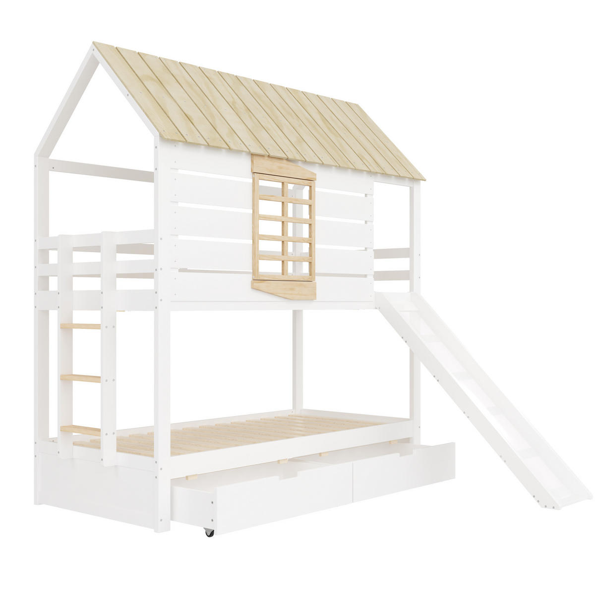 ETAGENBETT aus Kiefer und MDF 90x200 cm Weiß/Natur mit Rutsche, 2 Schubladen und Hausdach - Weiß, Holzwerkstoff (90/200cm) - Modfu