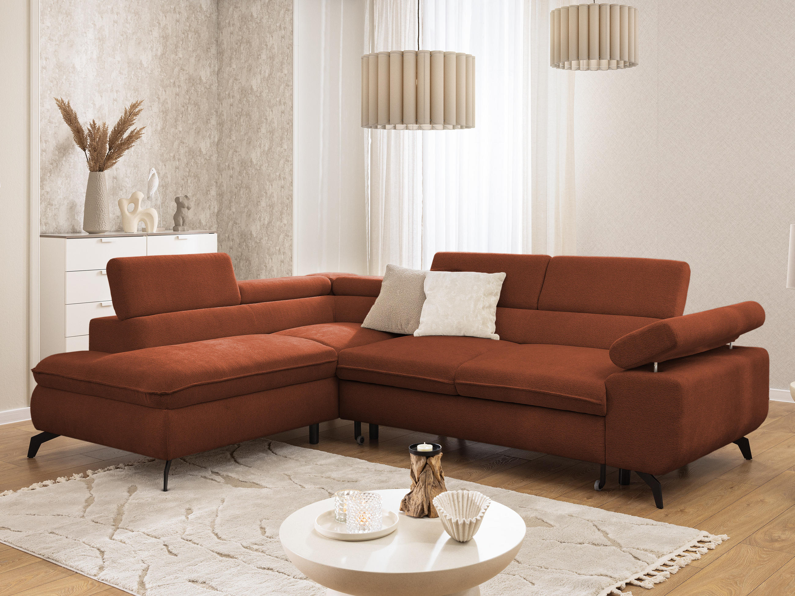 ECKSOFA mit Schlaffunktion und Bettkasten Bonnie aus Terrakotta Chenille-Stoff mit verstellbaren Kopfstützen und Armlehne - Ottomane links - Terracotta/Schwarz, Holz/Textil (275/210cm) - S-Style Möbel