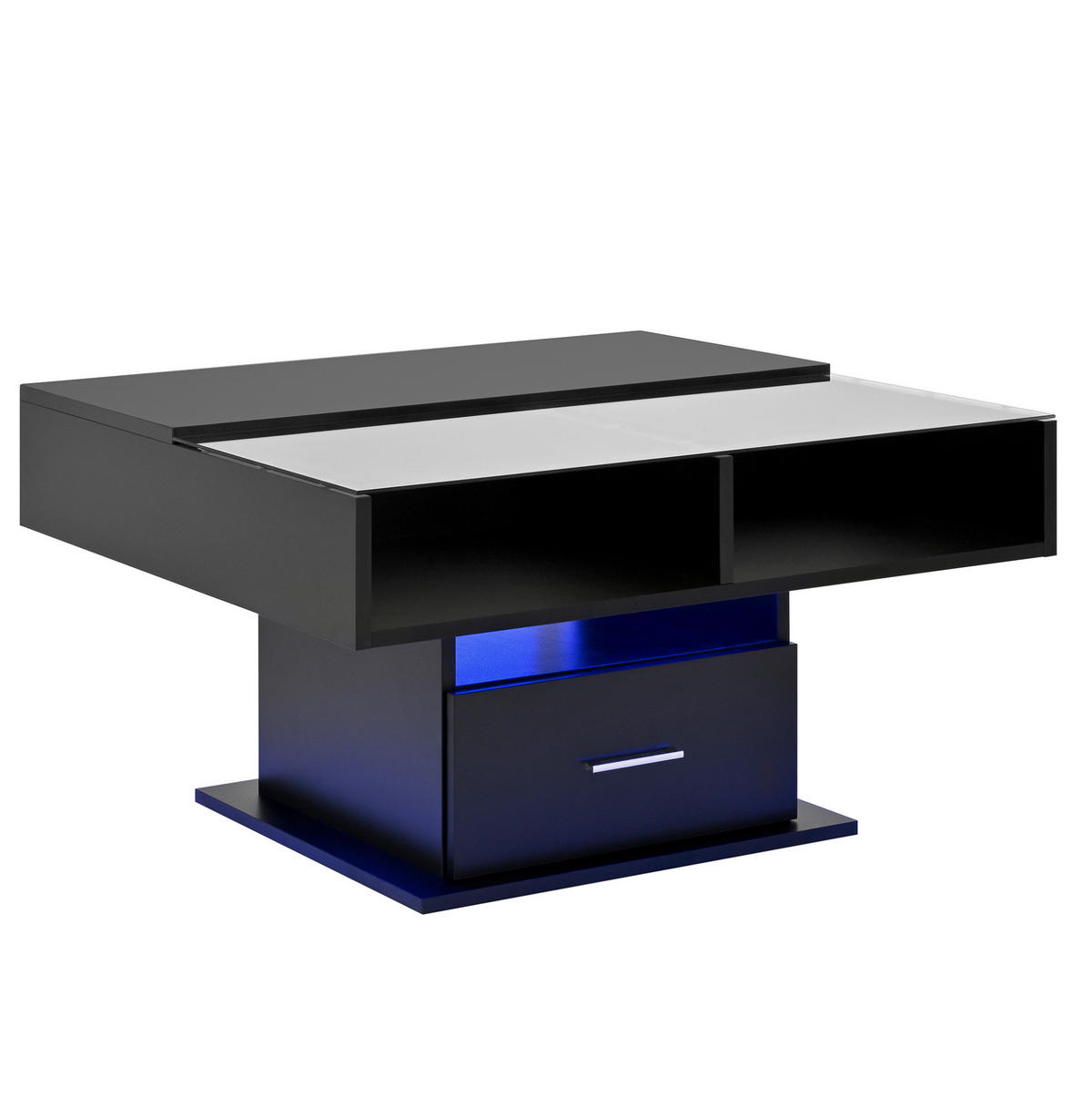 COUCHTISCH aus Spanplatte 78x78x45,5/59,5 cm Schwarz höhenverstellbar mit LED-Beleuchtung und Stauraum - Schwarz, Holzwerkstoff (78/78/59.5cm) - Modfu