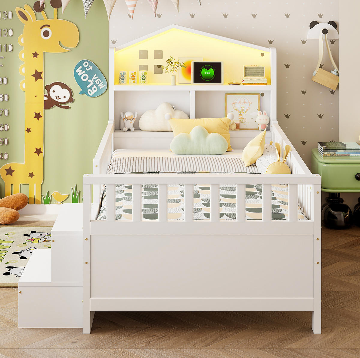 KINDERBETT mit 4 Schubladen 90x200 cm Weiß mit LED und Ladeanschlüssen - Weiß, Holzwerkstoff (90/200cm) - Beauniv