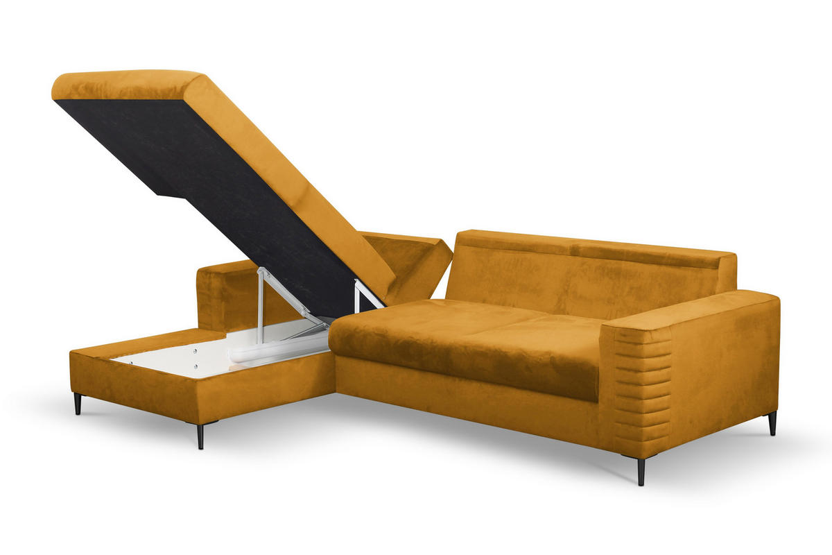 ECKSOFA GRIFO L-S Gelb Velours-Stoff mit Schlaffunktion - Gelb, Holz (253/165cm) - MASSENO