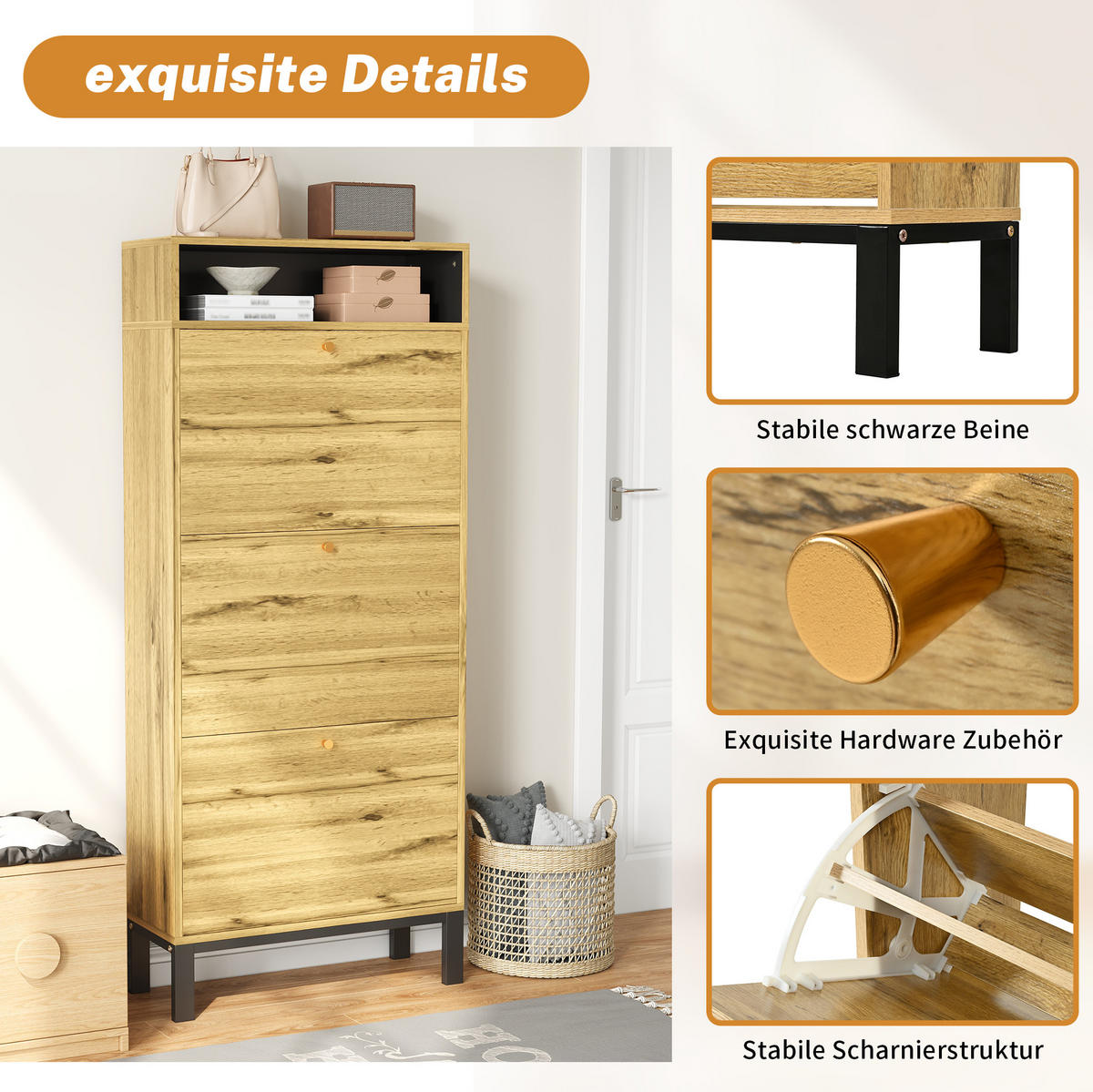 SCHUHSCHRANK 63/24/147 cm natur aus MDF mit 3 Klappen - Naturfarben, Holzwerkstoff (63/147/24cm) - OKWISH