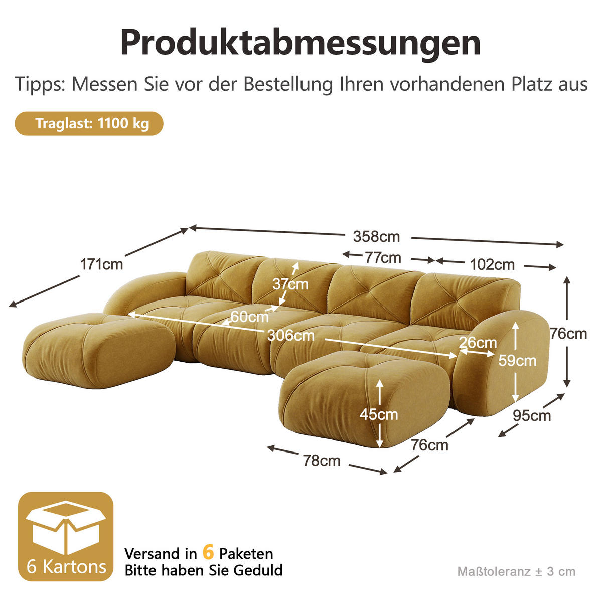 WOHNLANDSCHAFT DE-34276 4-Sitzer mit 2 Hockern Gelb - Gelb, Textil (171/76/358cm) - ComfortXL