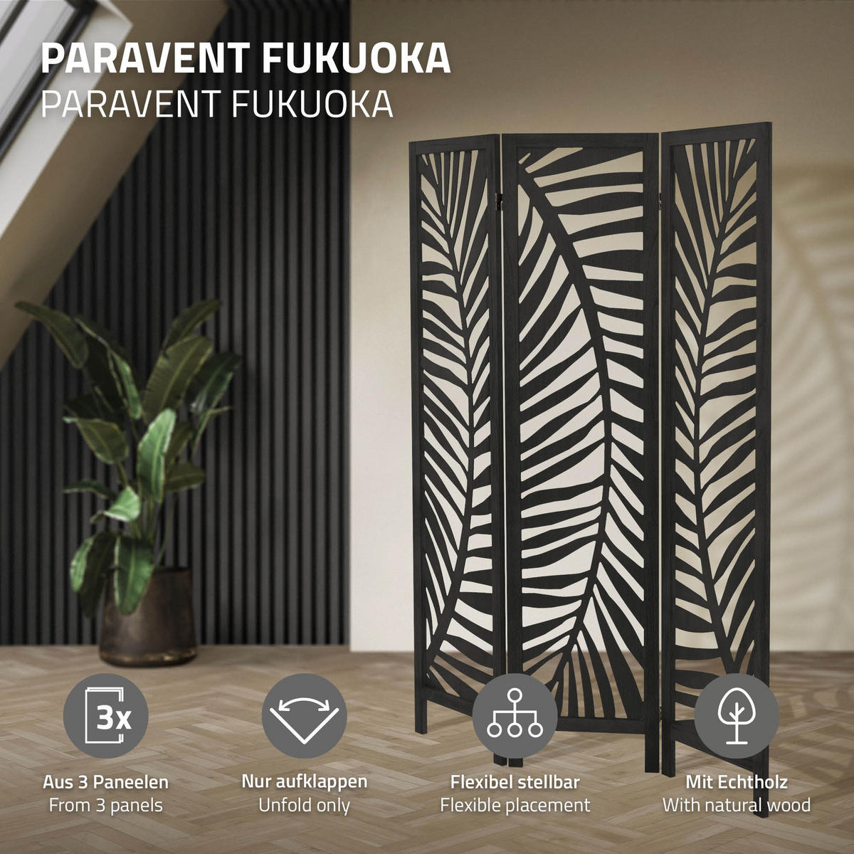 PARAVÁN, 3dílný, Fukuoka, 170 × 121 cm, černý, ze dřeva - černá, dřevo (121/170/2cm) - ML-DESIGN