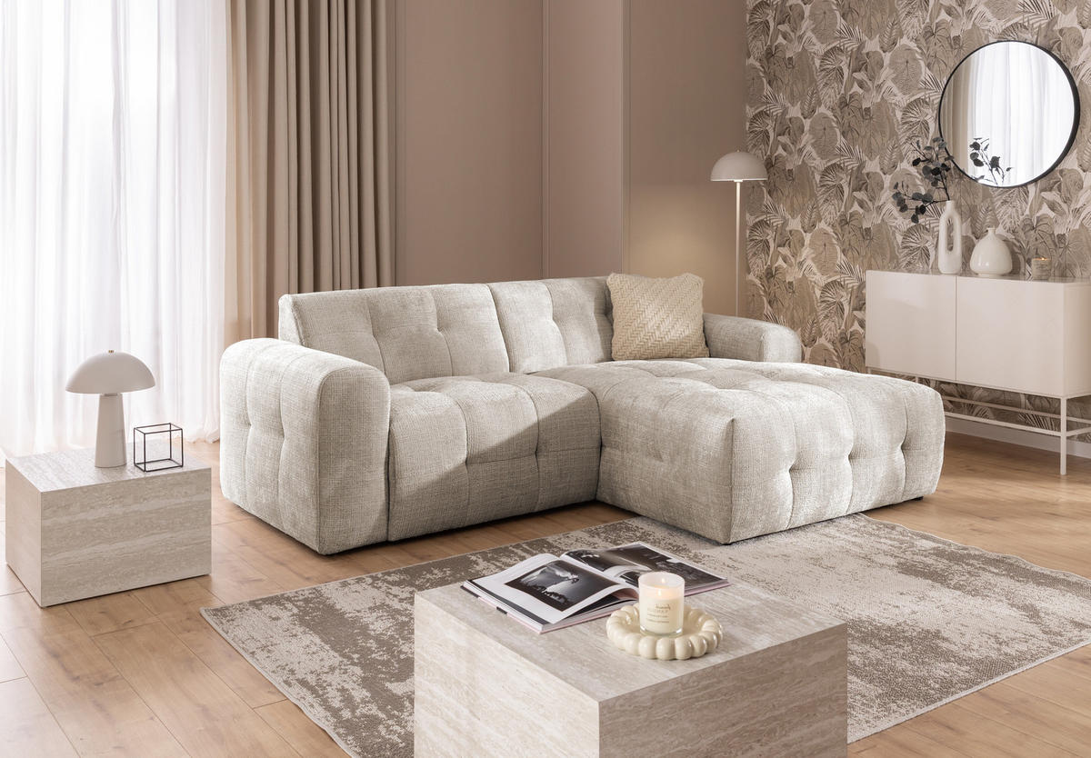 ECKSOFA mit Ottomane rechts, raffinierten Steppungen, Wellenunterfederung, B234/T161/H79 cm, Chenille-Bezug in Sand Grau / 21037 - Sandfarben/Greige, Kunststoff/Textil (234/79/161cm) - luma-home